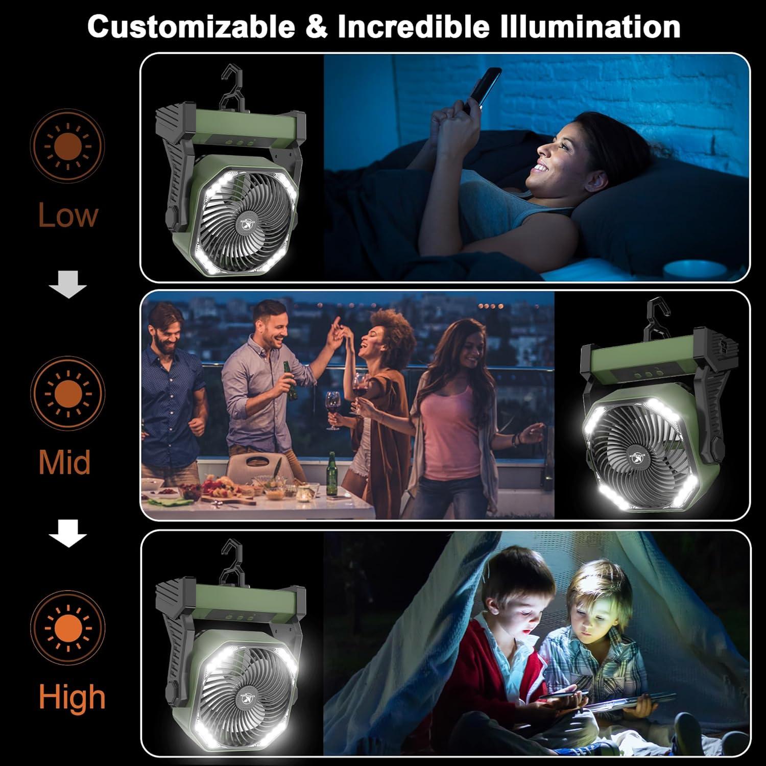 Ventilador de Camping KITWLEMEN 20000mAh Recargable Verde