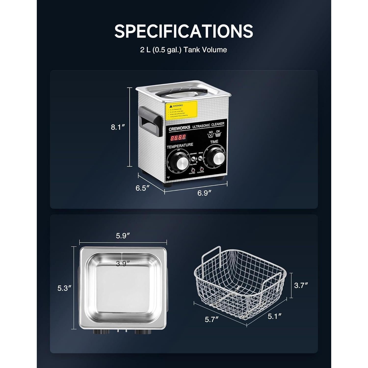Limpiador Ultrasónico CREWORKS 2L 60W con Calentador y Temporizador