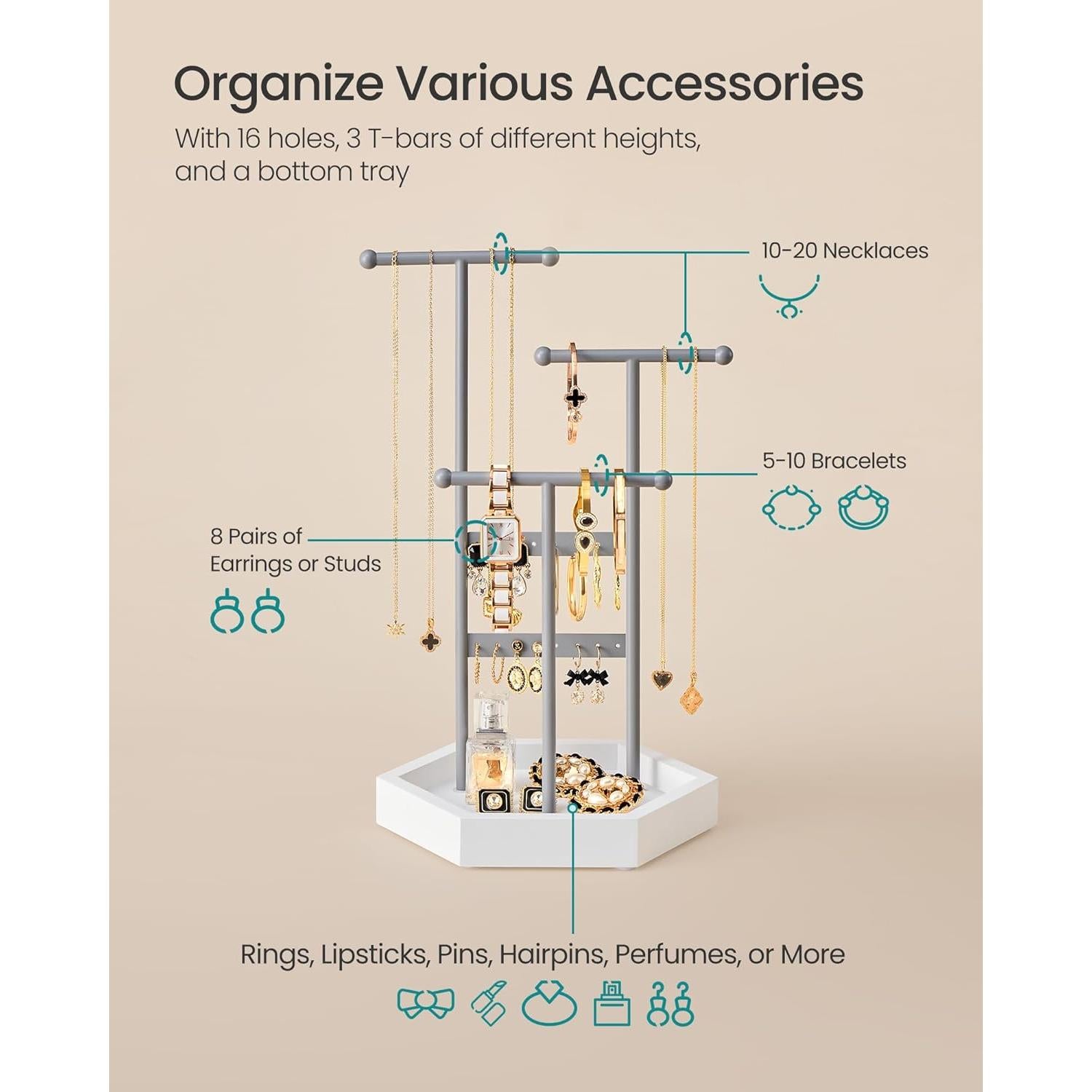 Soporte de Joyería SONGMICS 3 Niveles Metal Gris y Blanco