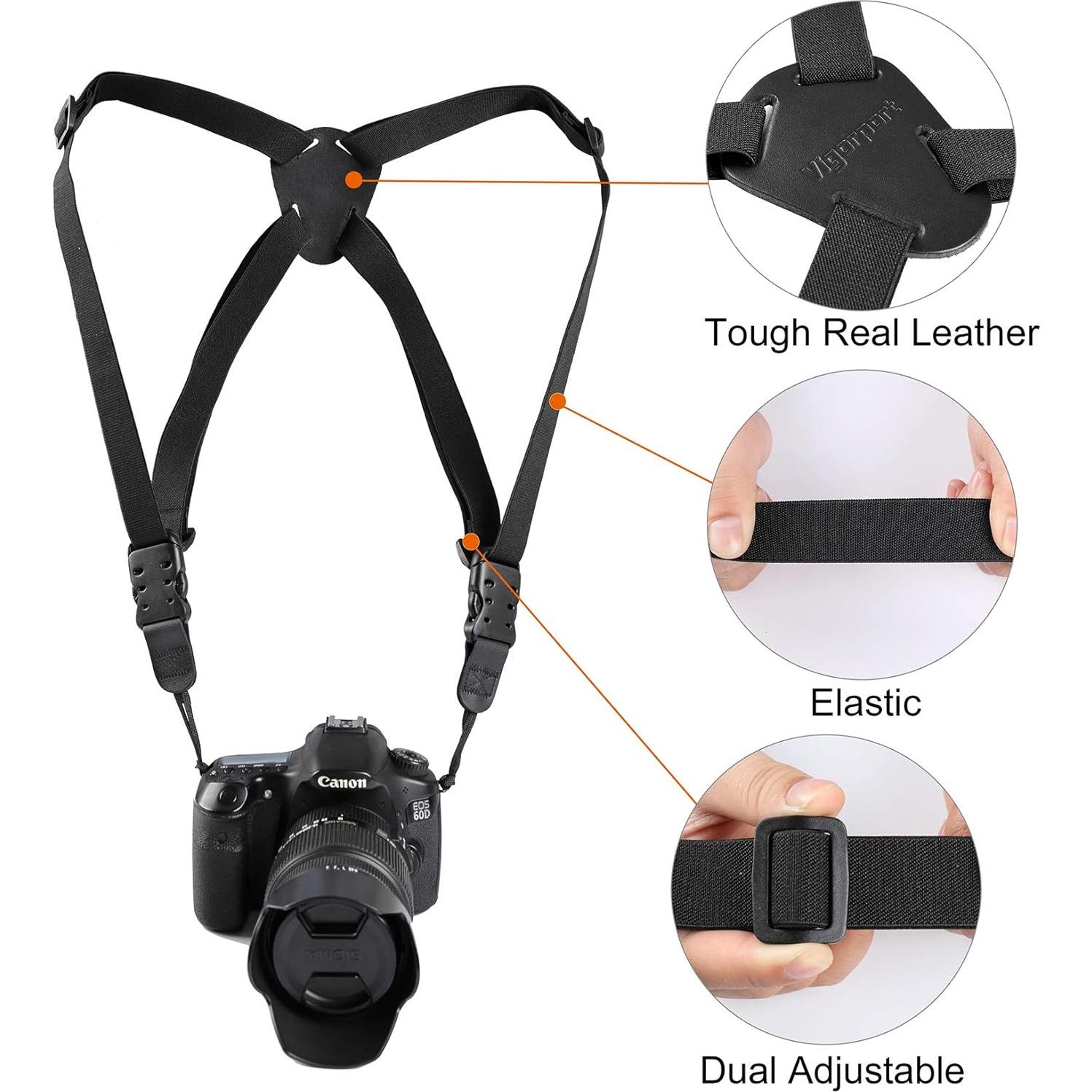 Correa de Arnés para Cámara DSLR SLR - Negro, Ajustable y Ergonómica