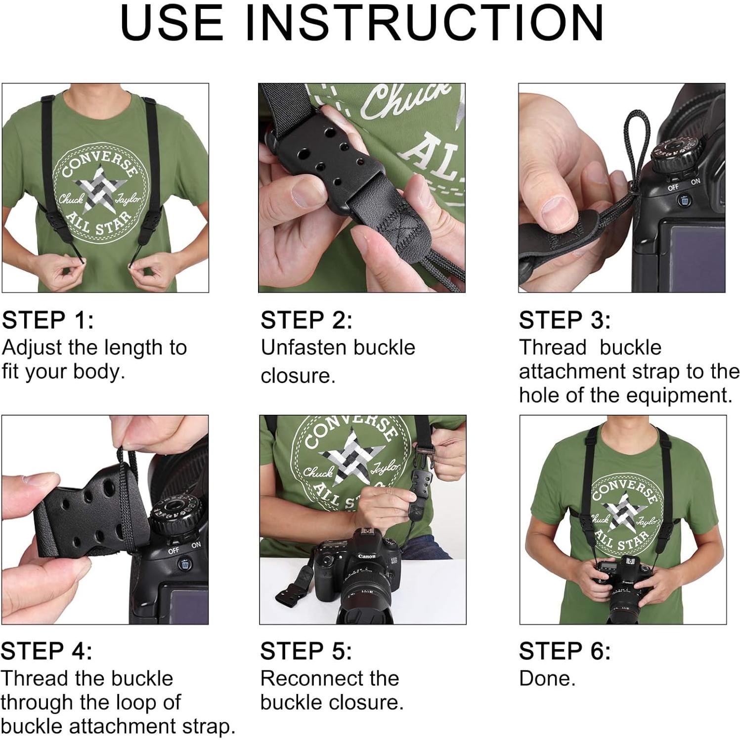 Correa de Arnés para Cámara DSLR SLR - Negro, Ajustable y Ergonómica