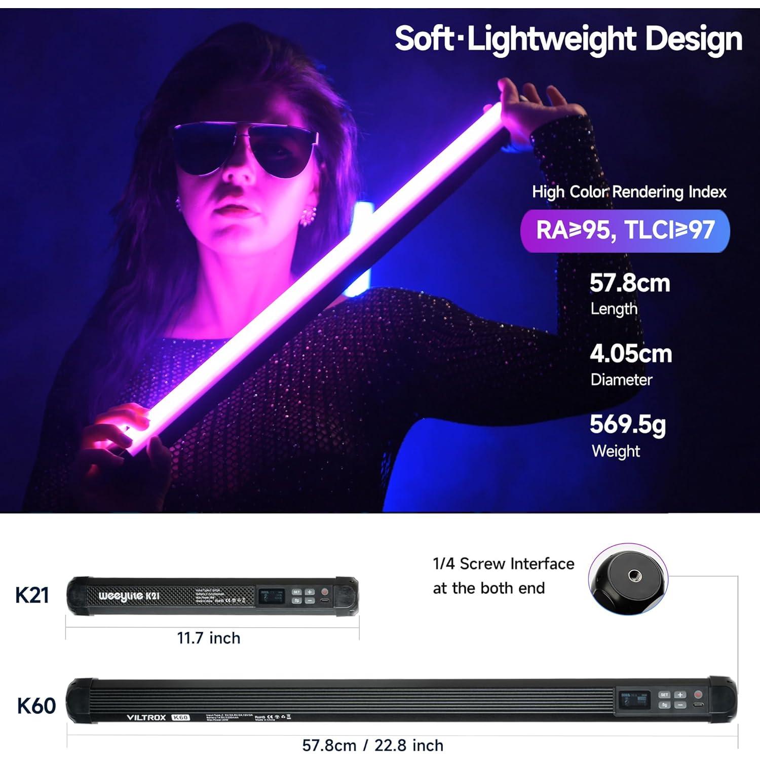 Luz de Tubo LED RGB VILTROX K60 22.8" 20W 1950lm Batería 32Wh