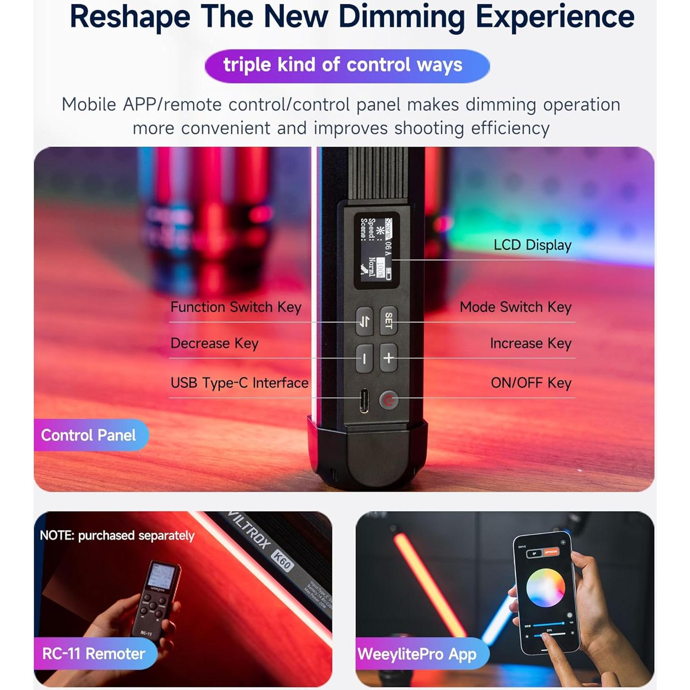 Luz de Tubo LED RGB VILTROX K60 22.8" 20W 1950lm Batería 32Wh