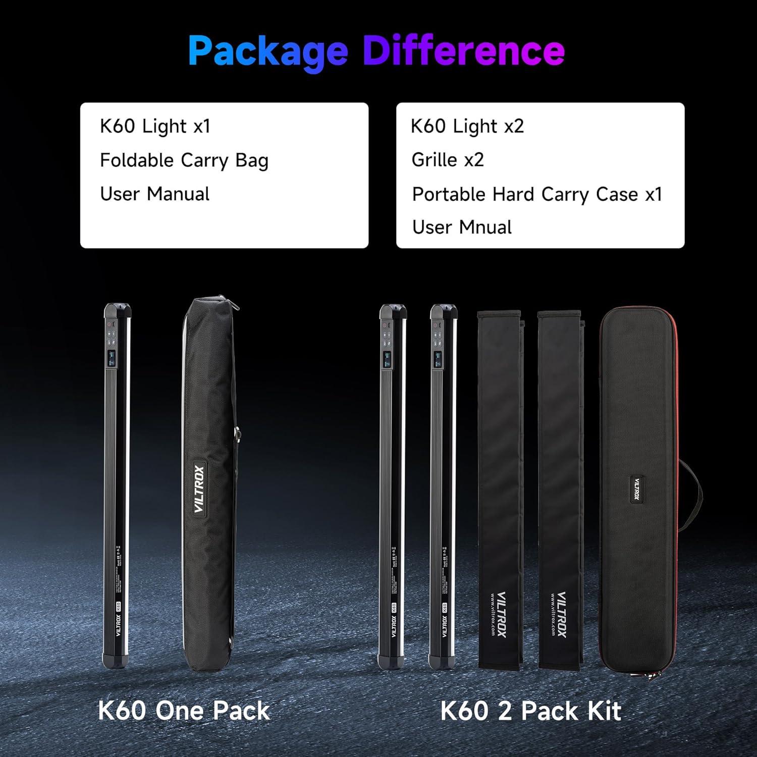 Luz de Tubo LED RGB VILTROX K60 22.8" 20W 1950lm Batería 32Wh