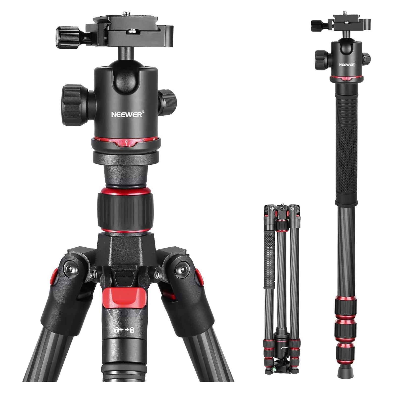 NEEWER 66"/168cm Carbon Fiber Tripod for Camera with 360° Panorama Ball Head, 1/4" Arca QR Plate, Portable Bag, Compact Travel Tripod Monopod for DSLR Video Camcorder, Max Load 26.5lb/12kg, N55C