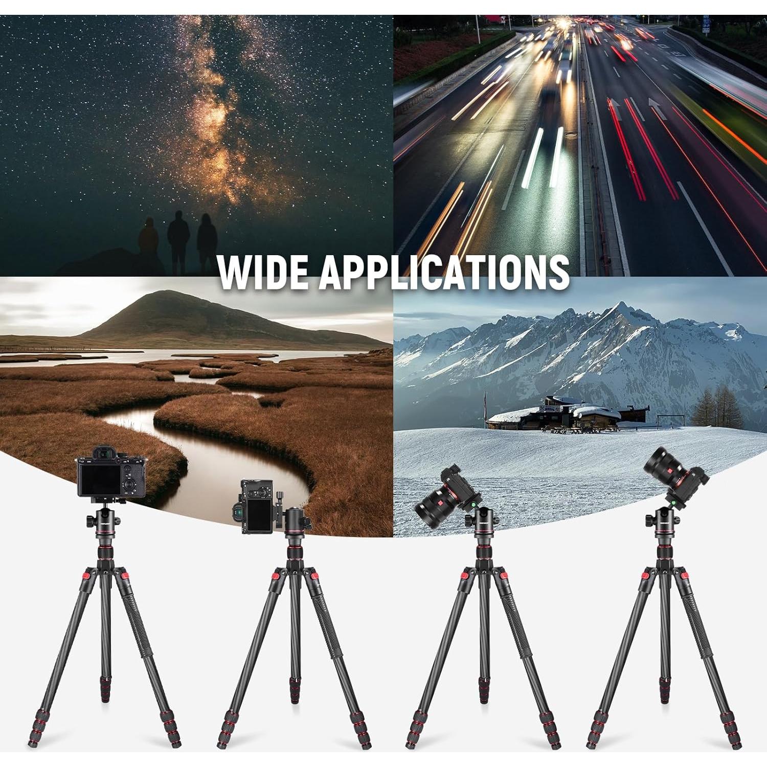 NEEWER 66"/168cm Carbon Fiber Tripod for Camera with 360° Panorama Ball Head, 1/4" Arca QR Plate, Portable Bag, Compact Travel Tripod Monopod for DSLR Video Camcorder, Max Load 26.5lb/12kg, N55C