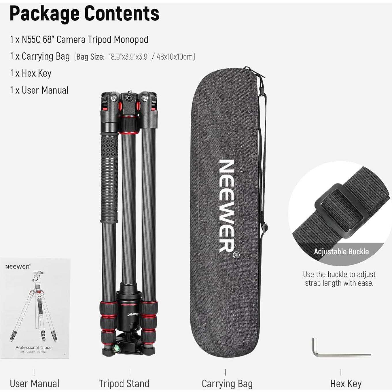 NEEWER 66"/168cm Carbon Fiber Tripod for Camera with 360° Panorama Ball Head, 1/4" Arca QR Plate, Portable Bag, Compact Travel Tripod Monopod for DSLR Video Camcorder, Max Load 26.5lb/12kg, N55C