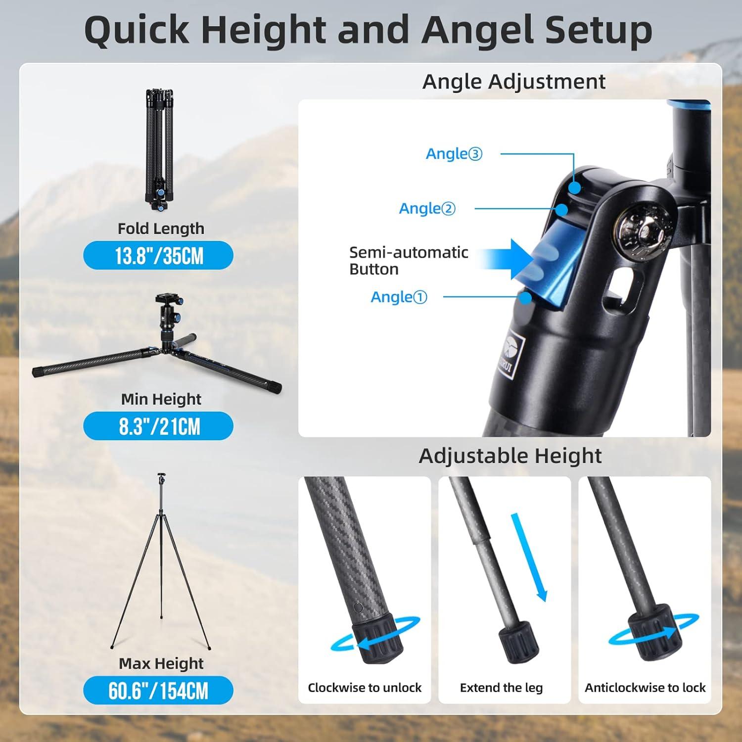SIRUI Carbon Fiber Travel Tripod with E-10 360° Ball Head, 59.8” Compact Camera Tripod AT-125, Quick Release Reverse Folding Legs, Reversible Center Column, Max Load 17lbs - Traveler X-II