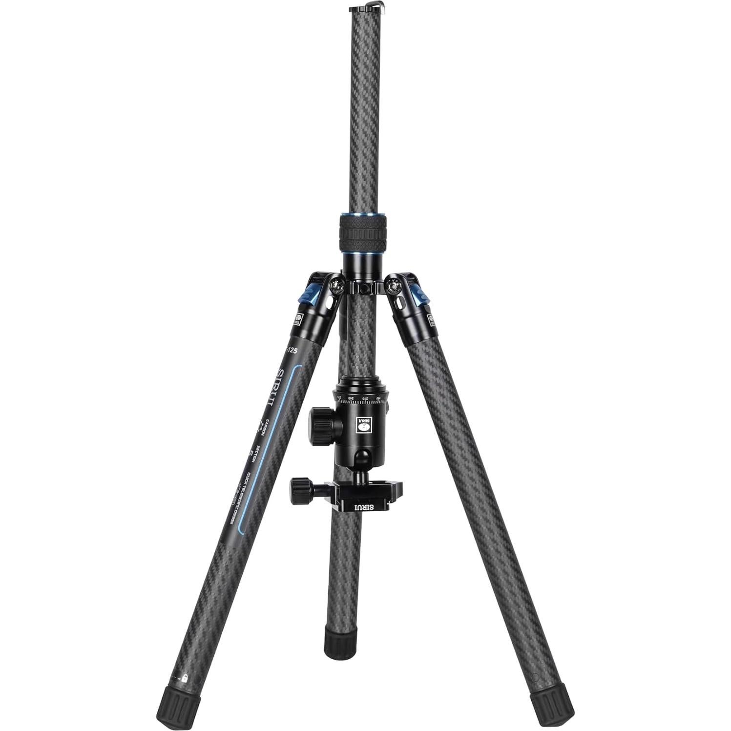 SIRUI Carbon Fiber Travel Tripod with E-10 360° Ball Head, 59.8” Compact Camera Tripod AT-125, Quick Release Reverse Folding Legs, Reversible Center Column, Max Load 17lbs - Traveler X-II