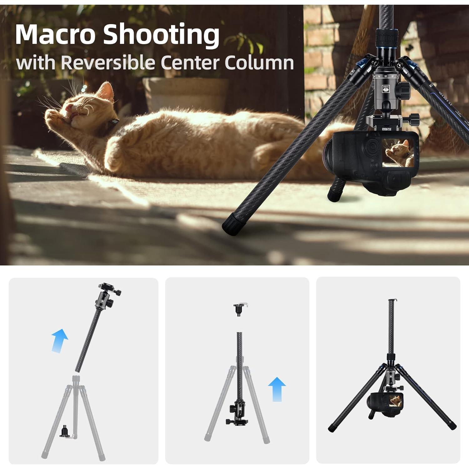 SIRUI Carbon Fiber Travel Tripod with E-10 360° Ball Head, 59.8” Compact Camera Tripod AT-125, Quick Release Reverse Folding Legs, Reversible Center Column, Max Load 17lbs - Traveler X-II