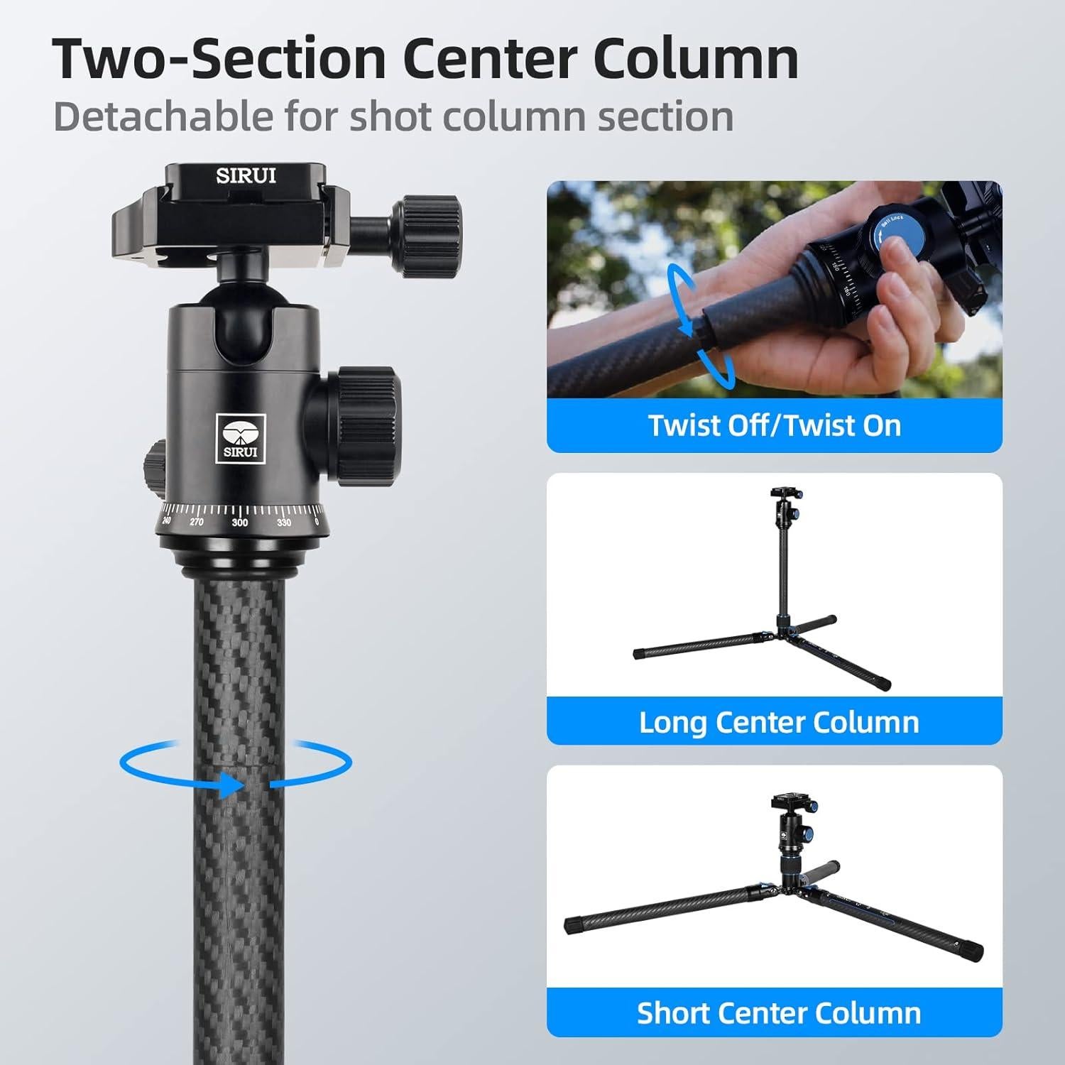 SIRUI Carbon Fiber Travel Tripod with E-10 360° Ball Head, 59.8” Compact Camera Tripod AT-125, Quick Release Reverse Folding Legs, Reversible Center Column, Max Load 17lbs - Traveler X-II