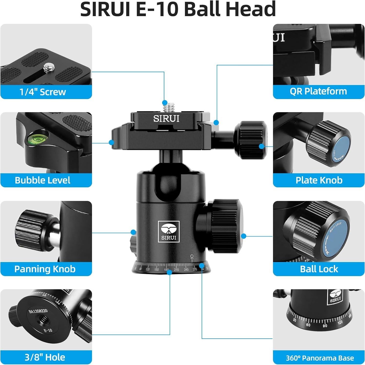 SIRUI Carbon Fiber Travel Tripod with E-10 360° Ball Head, 59.8” Compact Camera Tripod AT-125, Quick Release Reverse Folding Legs, Reversible Center Column, Max Load 17lbs - Traveler X-II