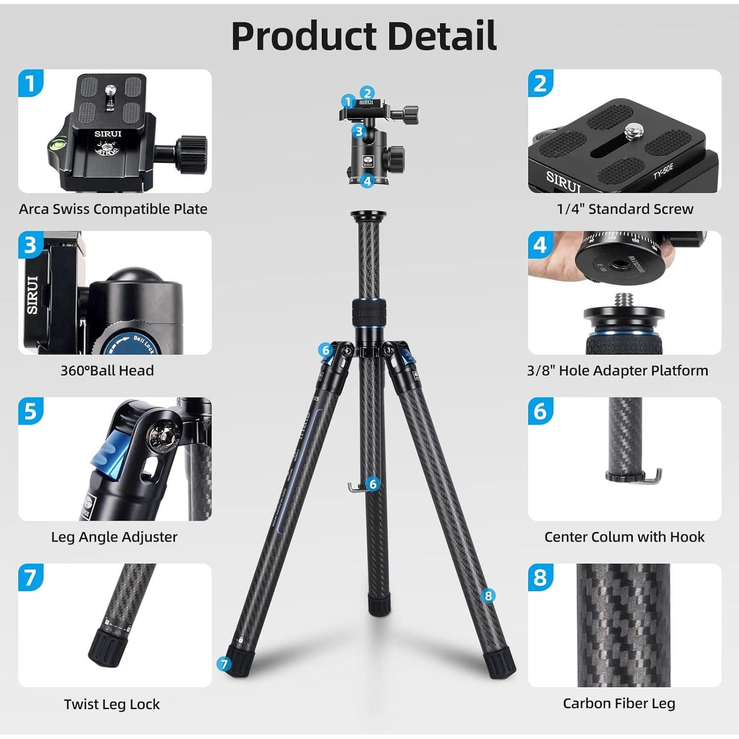 SIRUI Carbon Fiber Travel Tripod with E-10 360° Ball Head, 59.8” Compact Camera Tripod AT-125, Quick Release Reverse Folding Legs, Reversible Center Column, Max Load 17lbs - Traveler X-II