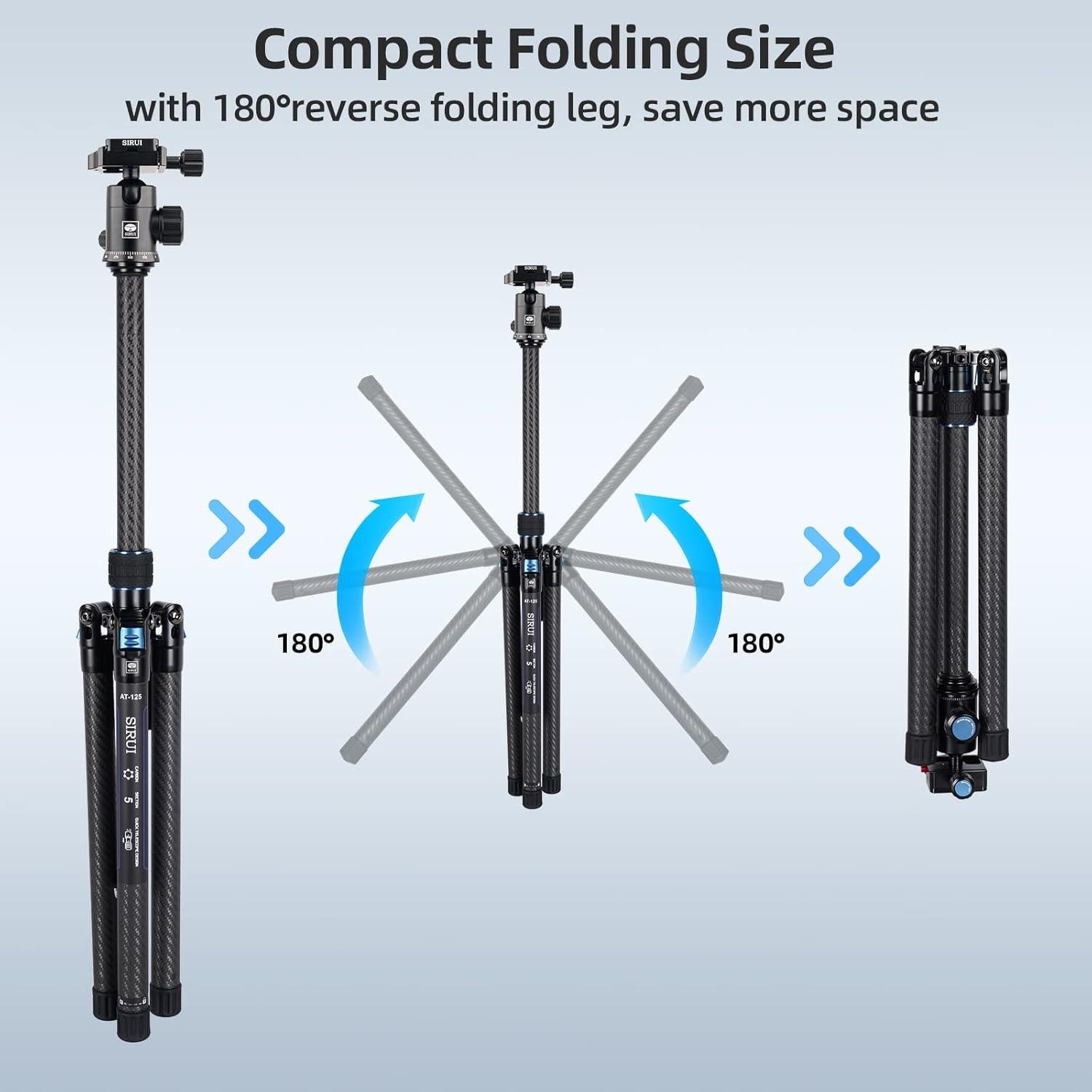 SIRUI Carbon Fiber Travel Tripod with E-10 360° Ball Head, 59.8” Compact Camera Tripod AT-125, Quick Release Reverse Folding Legs, Reversible Center Column, Max Load 17lbs - Traveler X-II