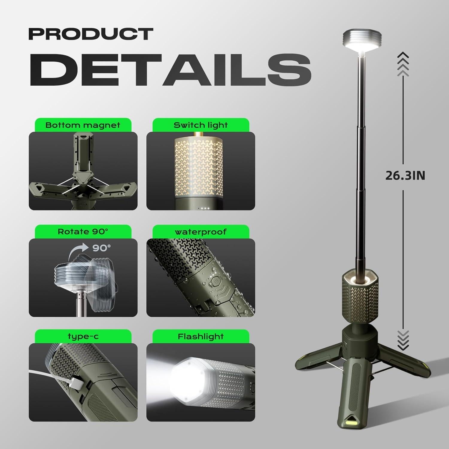 Linterna de Camping Telescópica NIEYUX 10500mAh Verde Oscuro