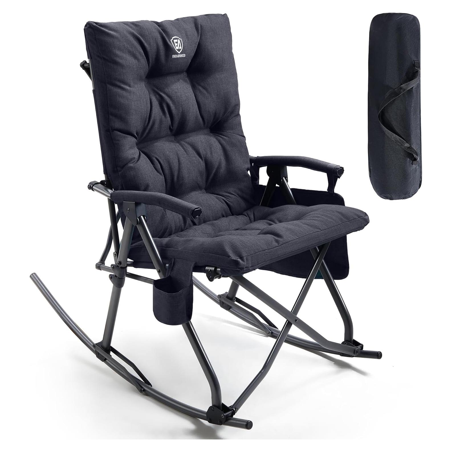 EVER ADVANCED Oversized Folding Rocking Camping Chair, Padded Portable Rocker Chairs for Patio, Lawn and Outdoors, Heavy Duty Hard Armchair for Adults Supports 400lbs, Black
