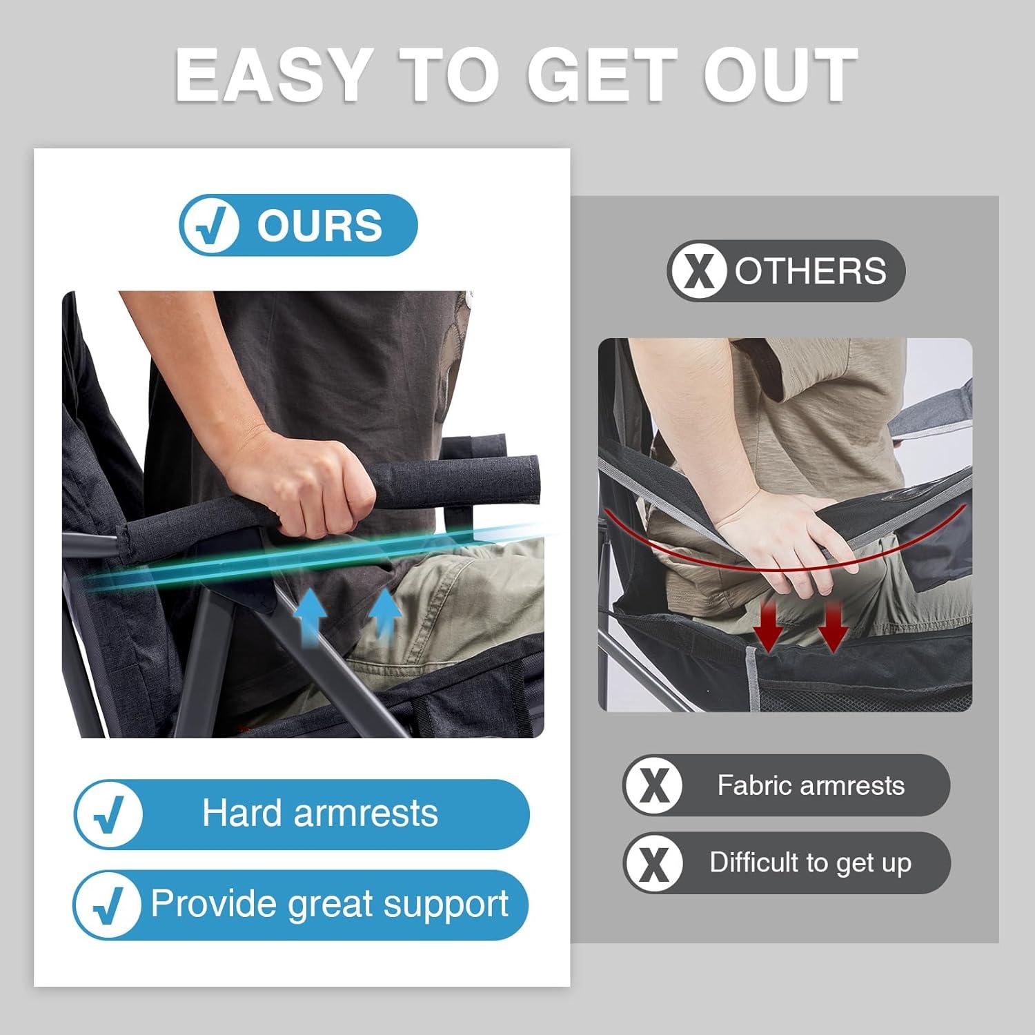 EVER ADVANCED Oversized Folding Rocking Camping Chair, Padded Portable Rocker Chairs for Patio, Lawn and Outdoors, Heavy Duty Hard Armchair for Adults Supports 400lbs, Black