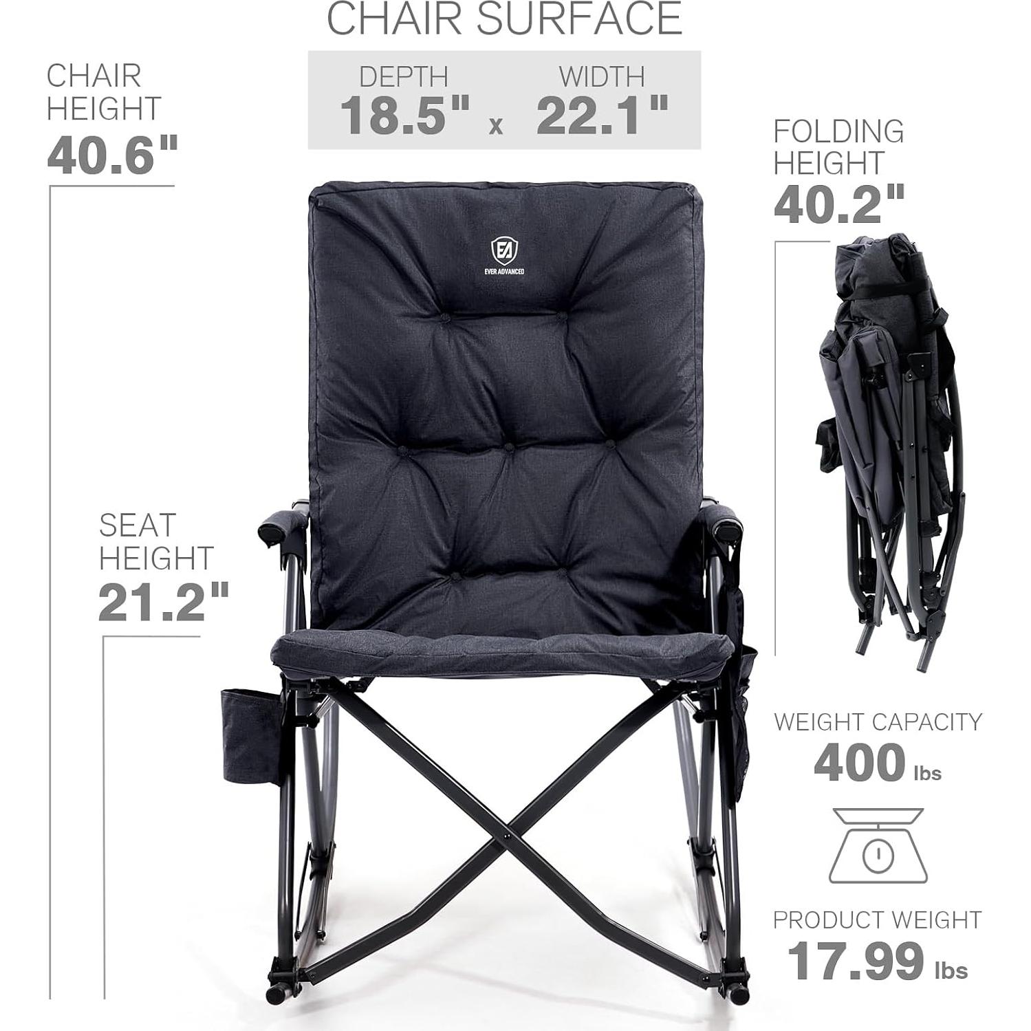 EVER ADVANCED Oversized Folding Rocking Camping Chair, Padded Portable Rocker Chairs for Patio, Lawn and Outdoors, Heavy Duty Hard Armchair for Adults Supports 400lbs, Black