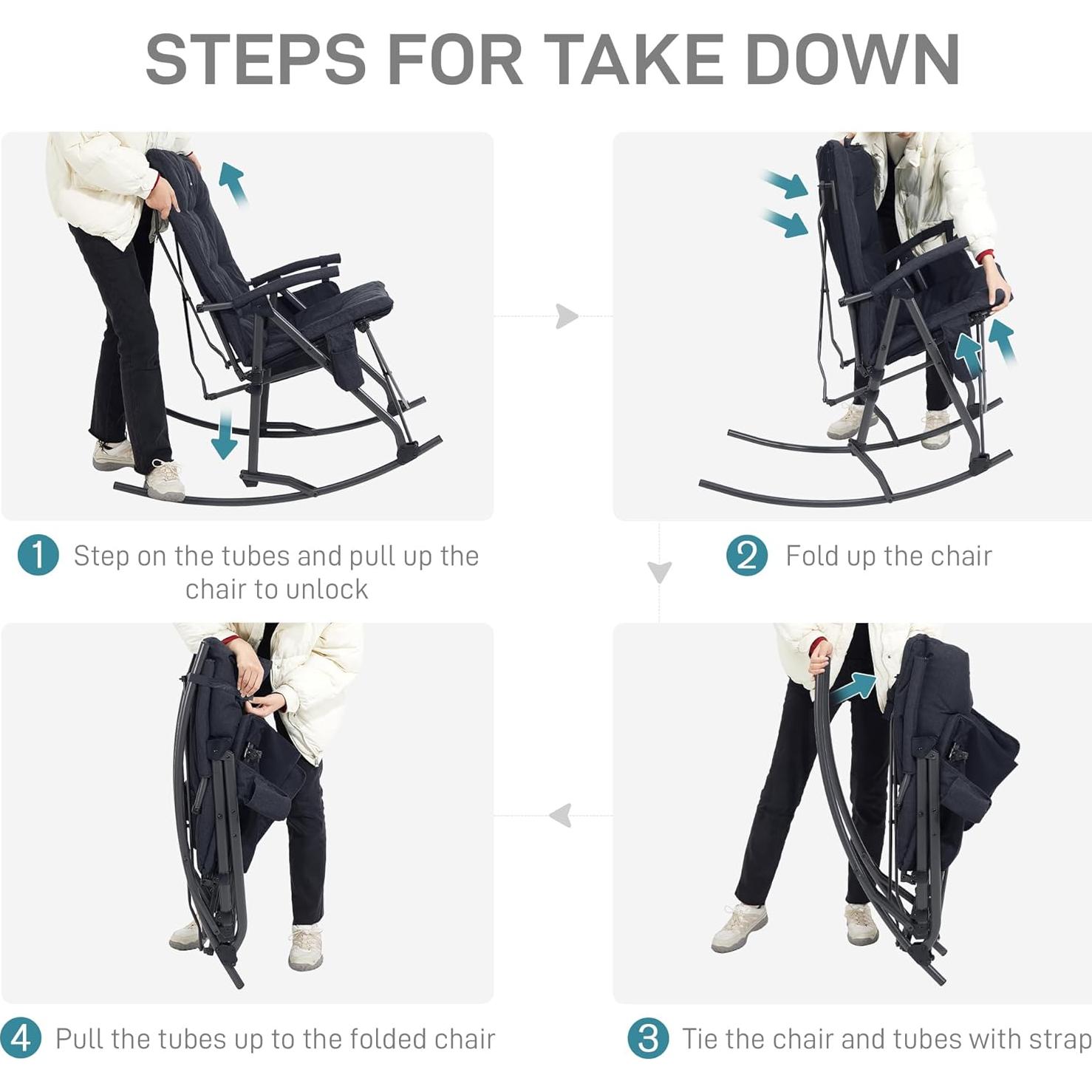 EVER ADVANCED Oversized Folding Rocking Camping Chair, Padded Portable Rocker Chairs for Patio, Lawn and Outdoors, Heavy Duty Hard Armchair for Adults Supports 400lbs, Black