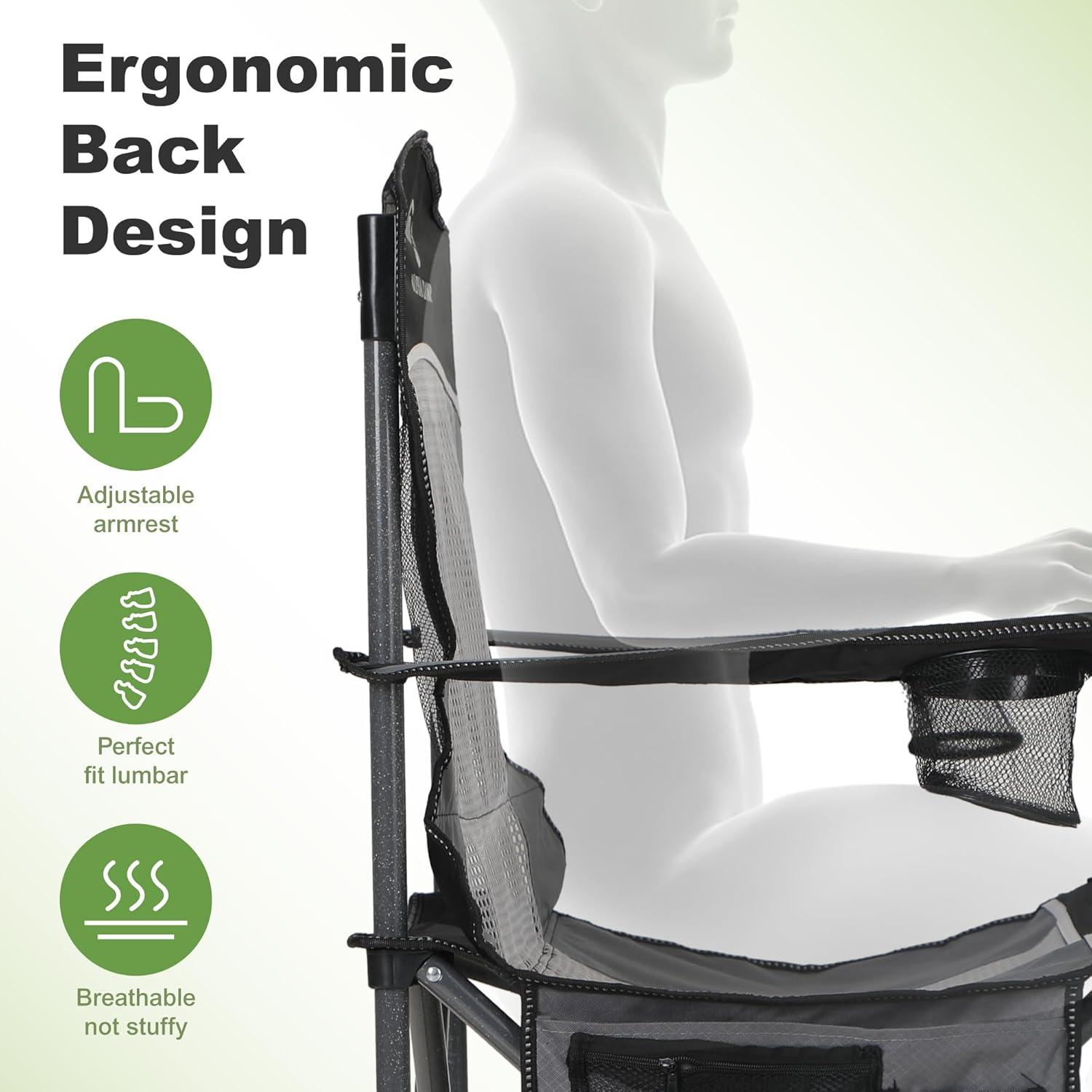 LET'S CAMP Mesh Back Camping Chair Portable Folding Heavy Duty Outdoor Chair Support 330 LBS Durable Large Arm Chair with Cup Holder and Carry Bag for Camp, Fishing, Hiking, Black