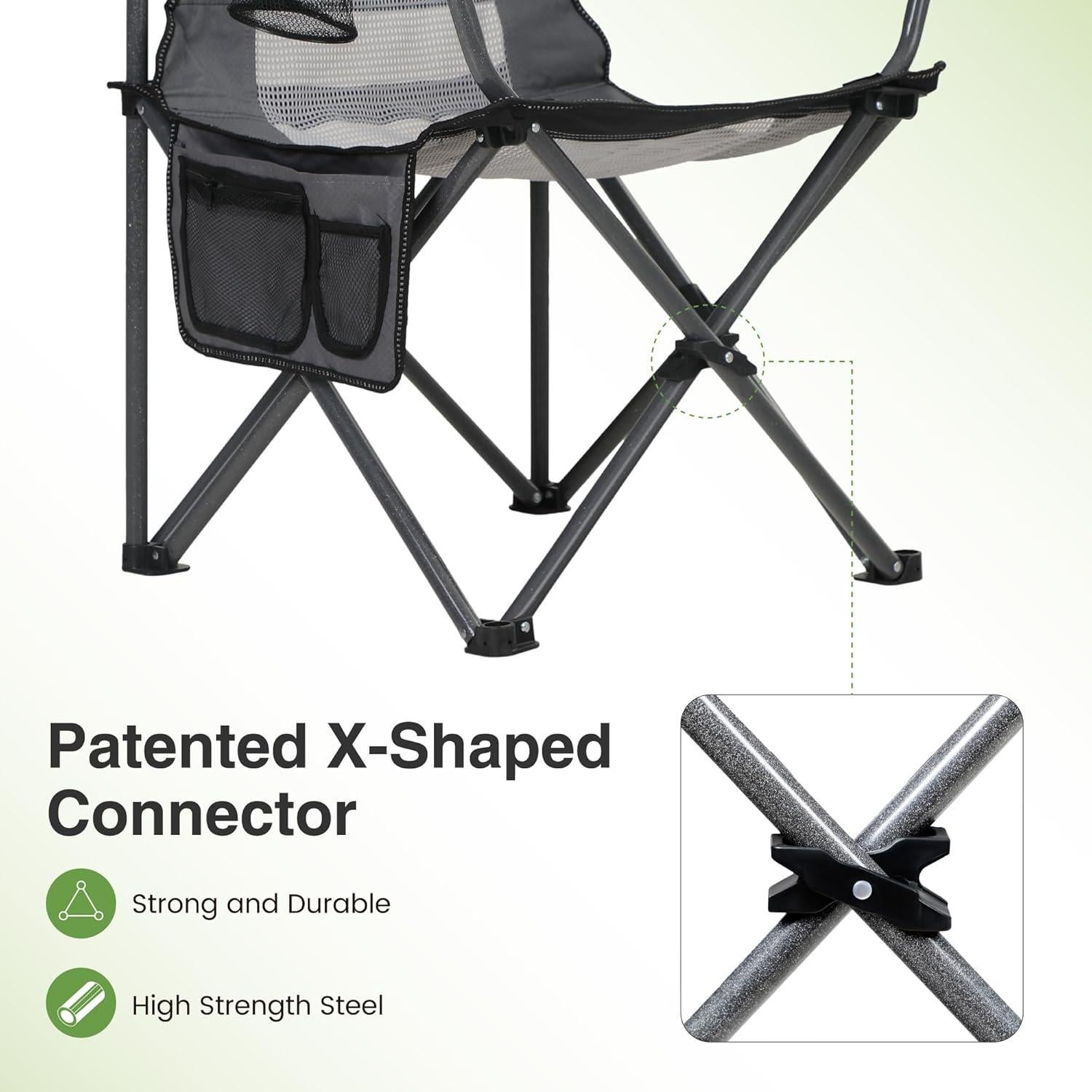 LET'S CAMP Mesh Back Camping Chair Portable Folding Heavy Duty Outdoor Chair Support 330 LBS Durable Large Arm Chair with Cup Holder and Carry Bag for Camp, Fishing, Hiking, Black