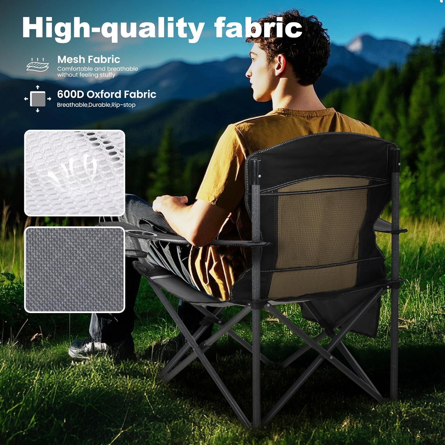 LET'S CAMP Mesh Back Camping Chair Portable Folding Heavy Duty Outdoor Chair Support 330 LBS Durable Large Arm Chair with Cup Holder and Carry Bag for Camp, Fishing, Hiking, Black