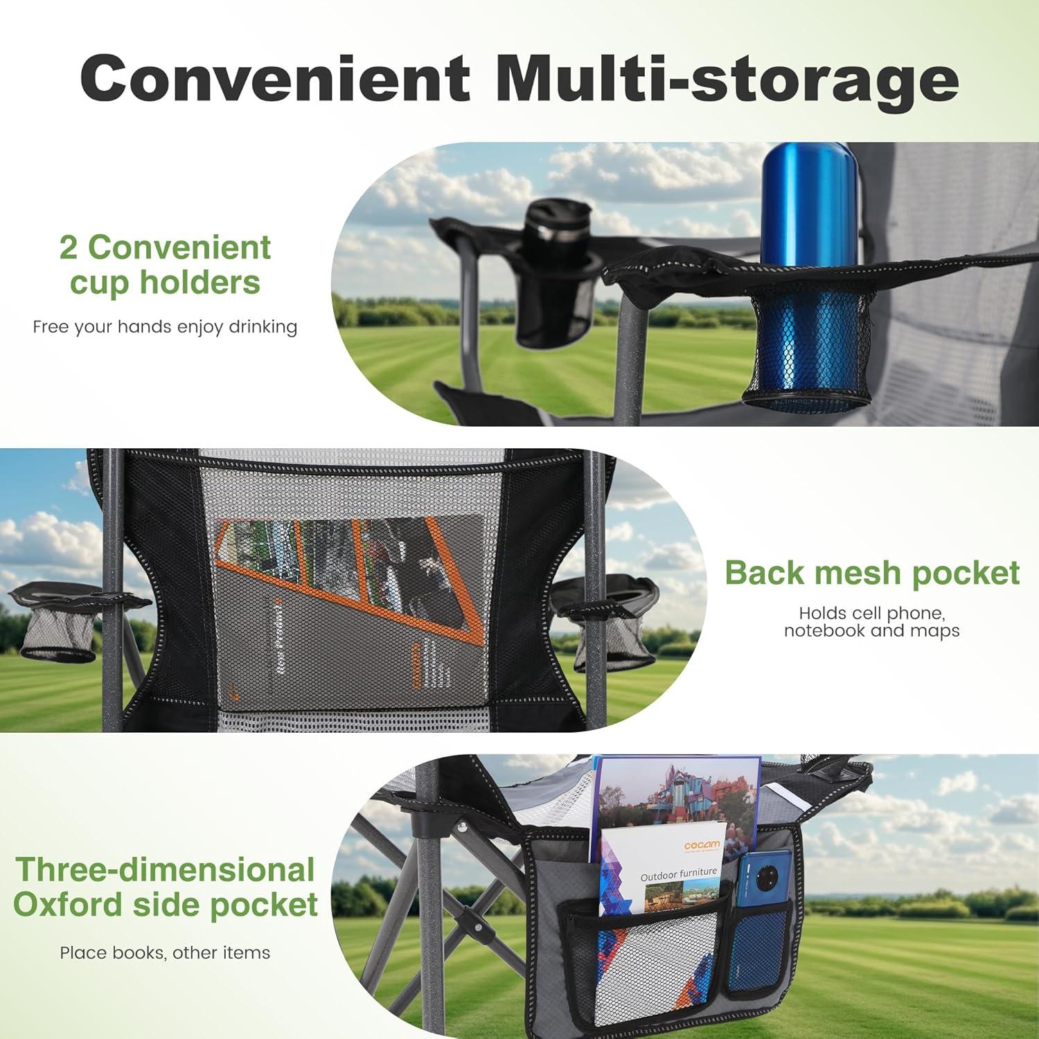 LET'S CAMP Mesh Back Camping Chair Portable Folding Heavy Duty Outdoor Chair Support 330 LBS Durable Large Arm Chair with Cup Holder and Carry Bag for Camp, Fishing, Hiking, Black