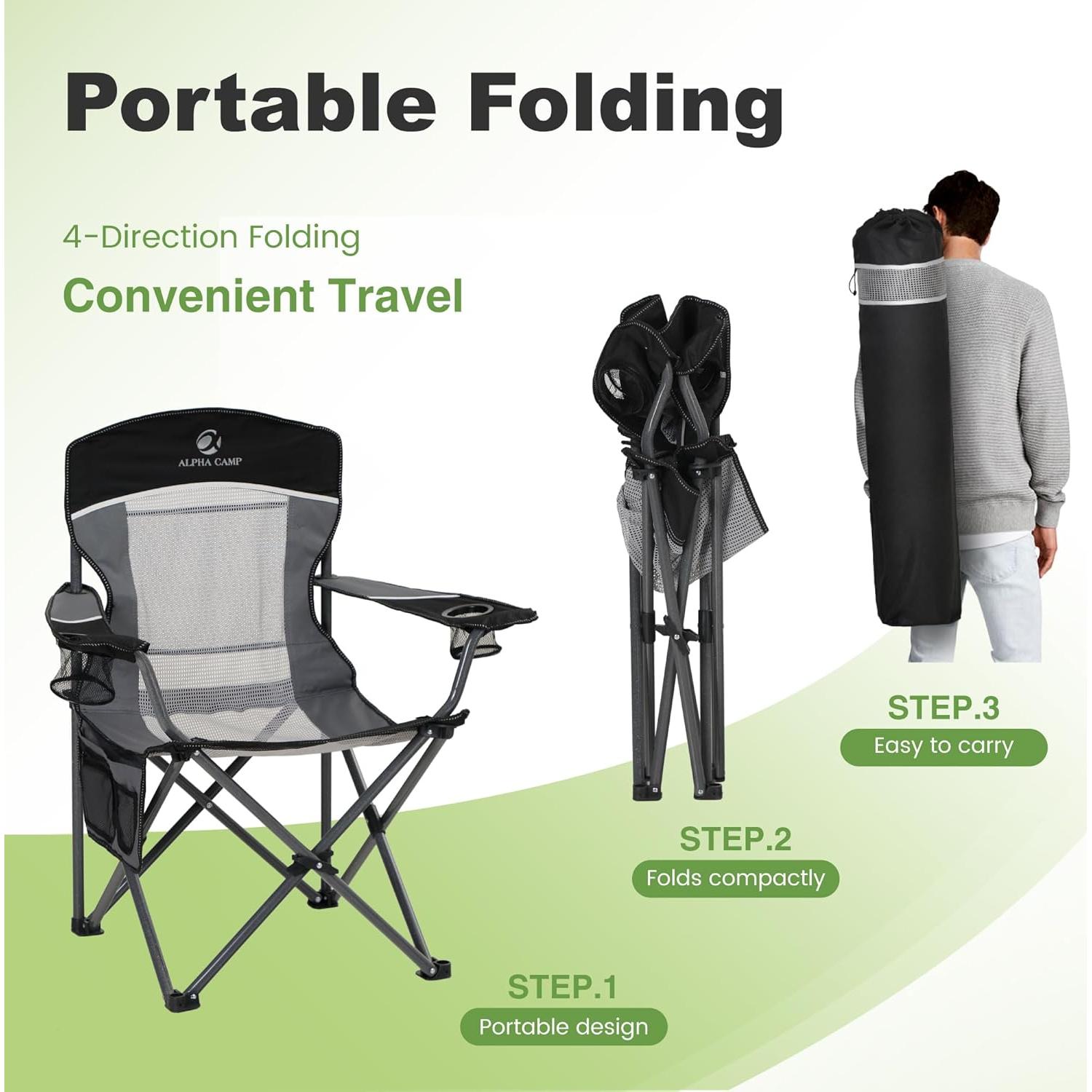 LET'S CAMP Mesh Back Camping Chair Portable Folding Heavy Duty Outdoor Chair Support 330 LBS Durable Large Arm Chair with Cup Holder and Carry Bag for Camp, Fishing, Hiking, Black
