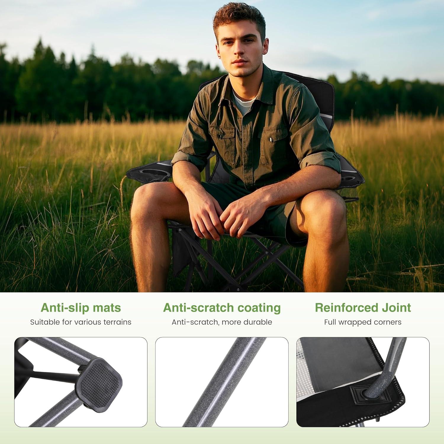 LET'S CAMP Mesh Back Camping Chair Portable Folding Heavy Duty Outdoor Chair Support 330 LBS Durable Large Arm Chair with Cup Holder and Carry Bag for Camp, Fishing, Hiking, Black