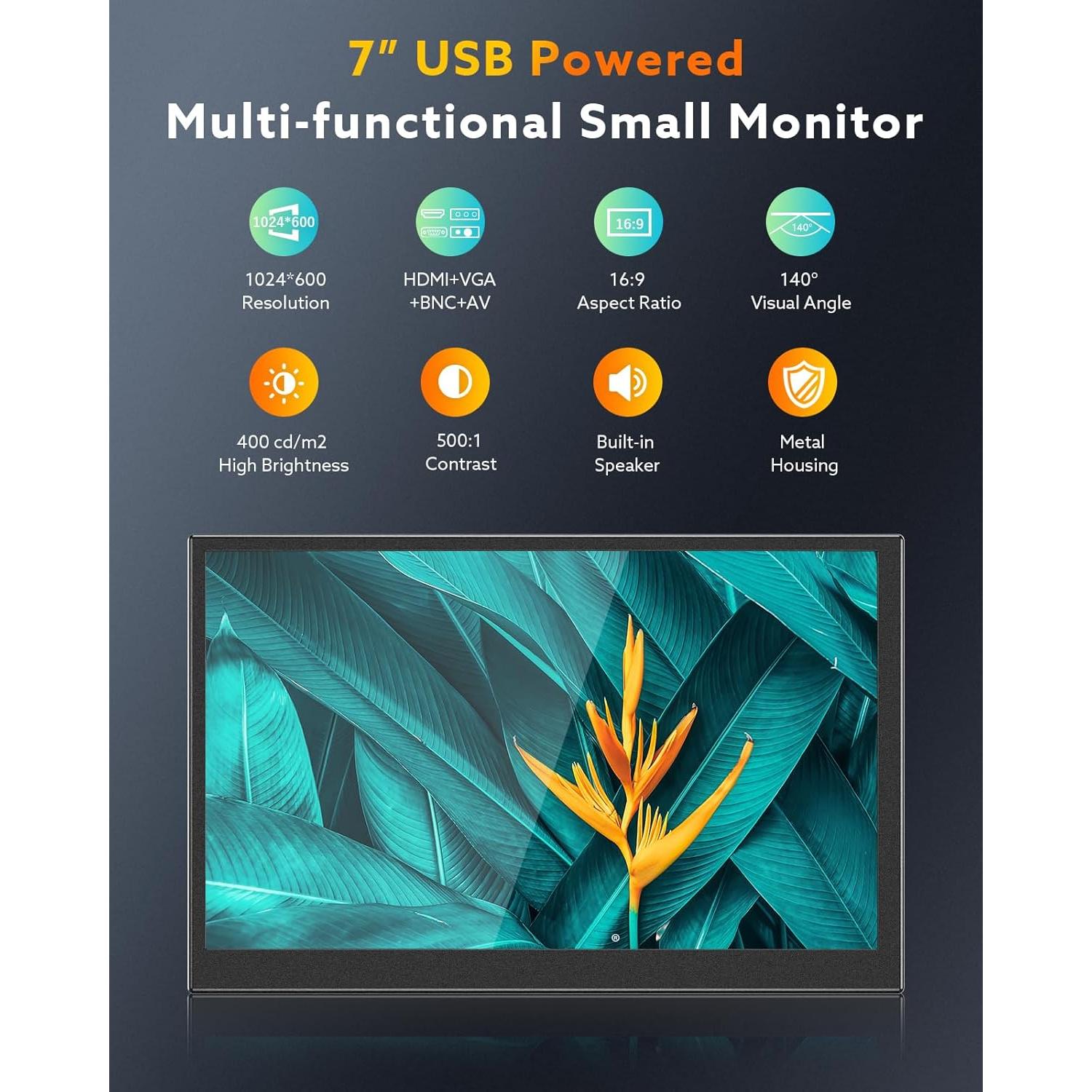 Monitor Mini Eyoyo 7" 1024x600 HDMI/VGA/AV Portátil