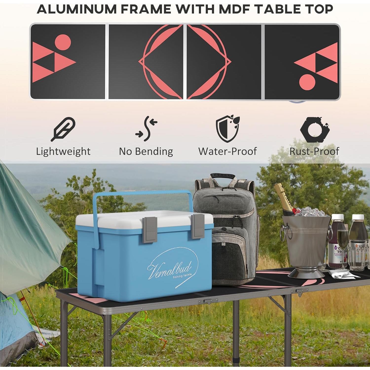 Mesa de Camping Plegable Outsunny 240cm Ajustable Negra y Roja