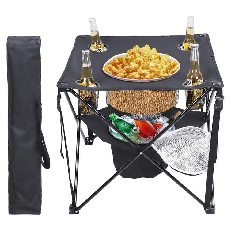 Folding Tailgating Table with Cooler,Lightweight Folding Camping Table w/Mesh Food Basket,4 Cup Holder,Carry Bag for Outdoor Picnic,Camp,BBQ,Parties,Black