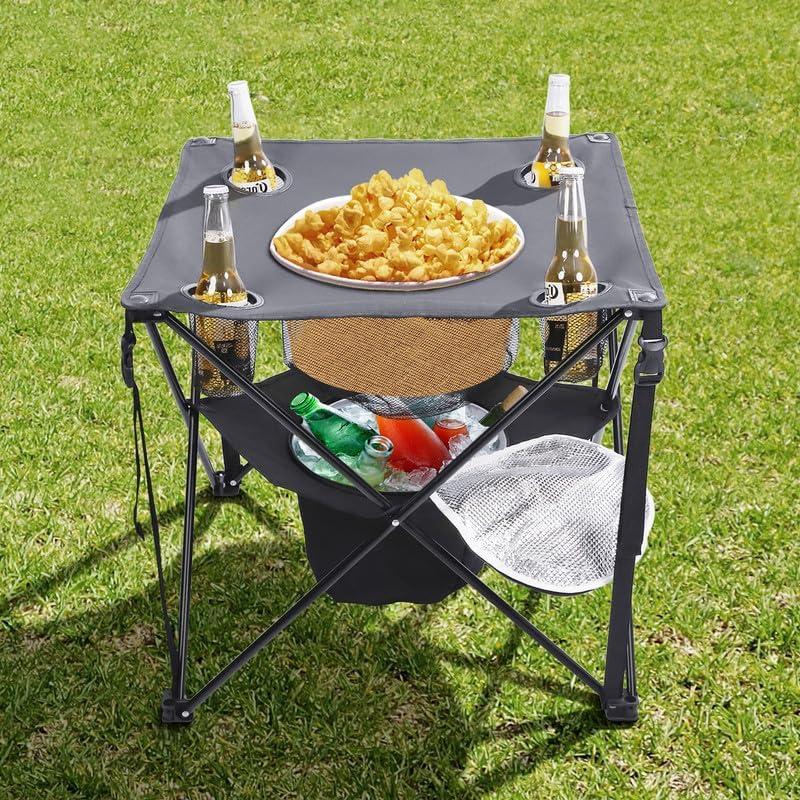 Folding Tailgating Table with Cooler,Lightweight Folding Camping Table w/Mesh Food Basket,4 Cup Holder,Carry Bag for Outdoor Picnic,Camp,BBQ,Parties,Black