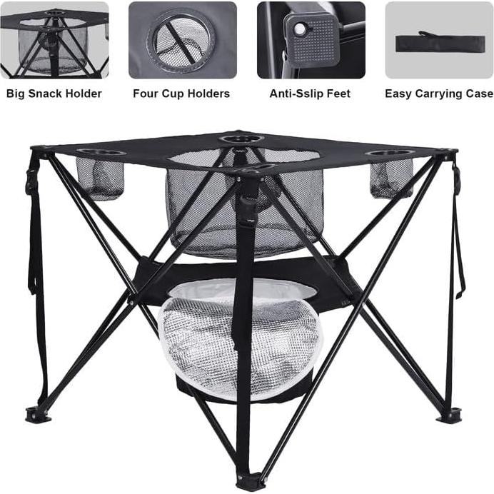 Folding Tailgating Table with Cooler,Lightweight Folding Camping Table w/Mesh Food Basket,4 Cup Holder,Carry Bag for Outdoor Picnic,Camp,BBQ,Parties,Black