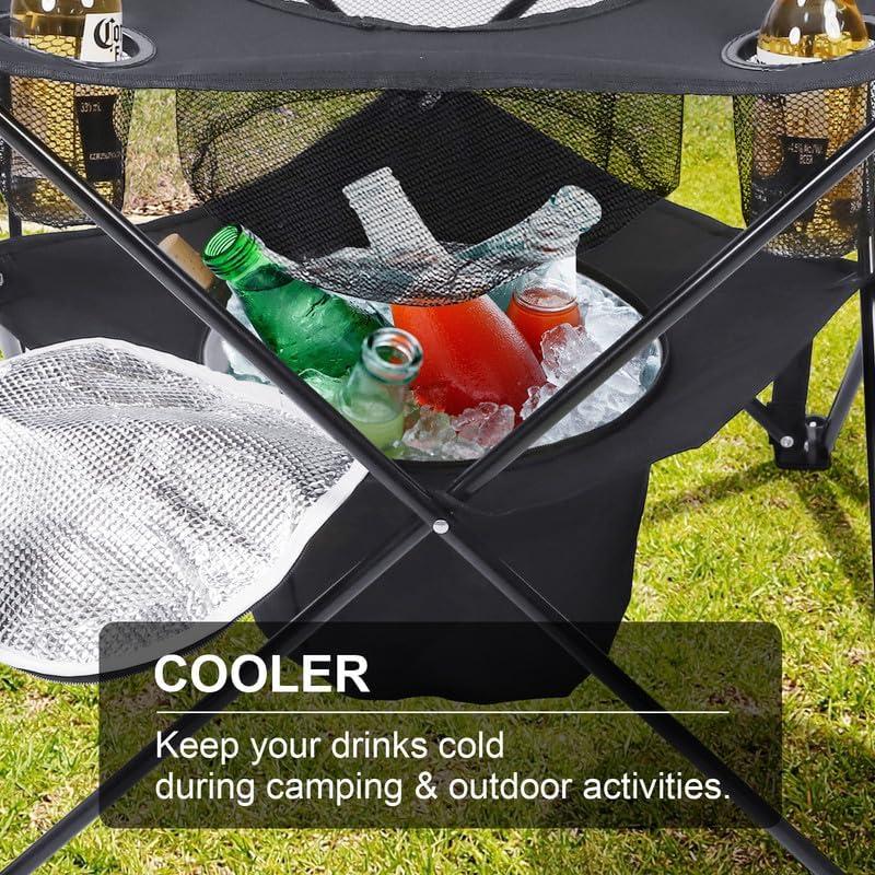 Folding Tailgating Table with Cooler,Lightweight Folding Camping Table w/Mesh Food Basket,4 Cup Holder,Carry Bag for Outdoor Picnic,Camp,BBQ,Parties,Black