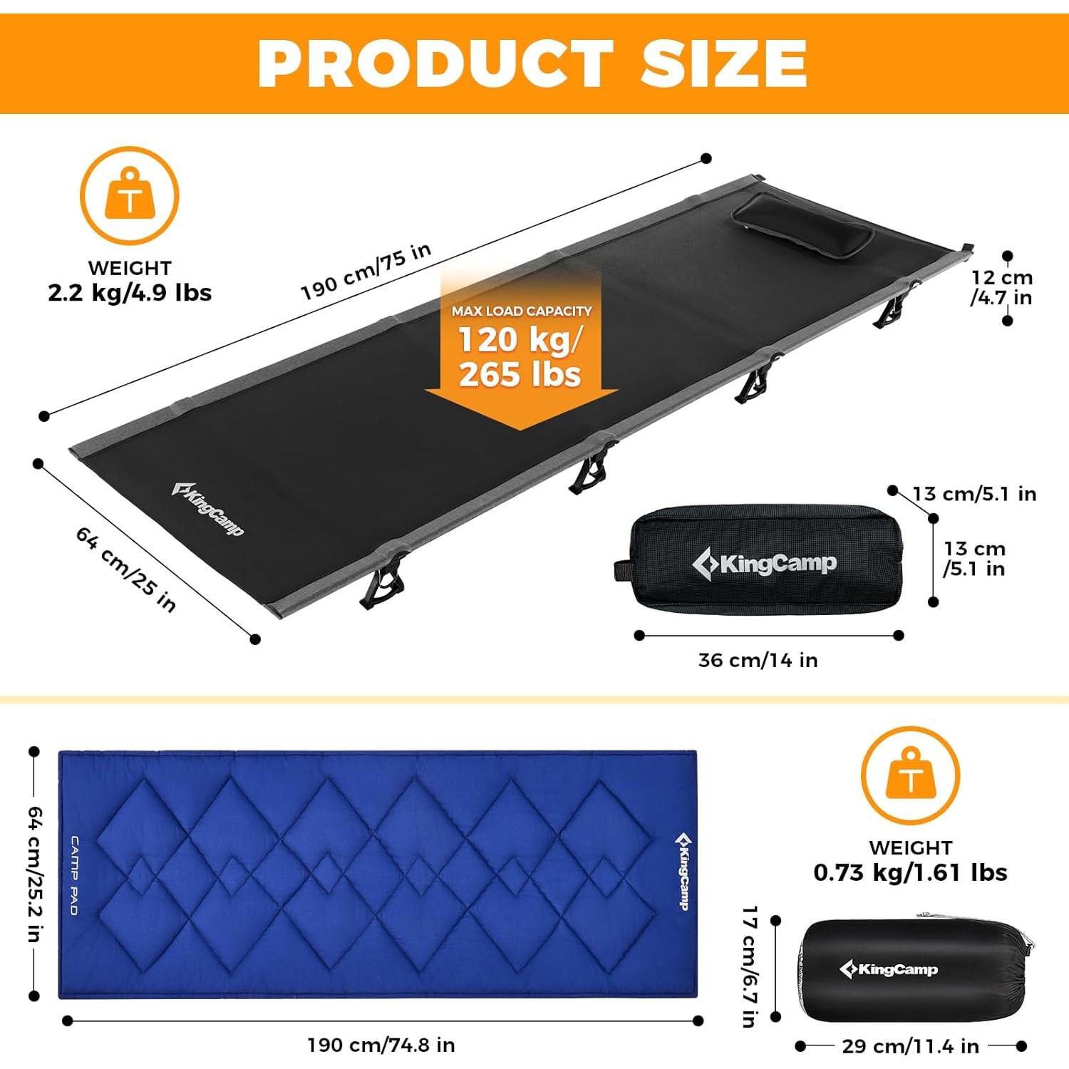 Cama de Camping Plegable KingCamp 120kg con Almohadilla Negra