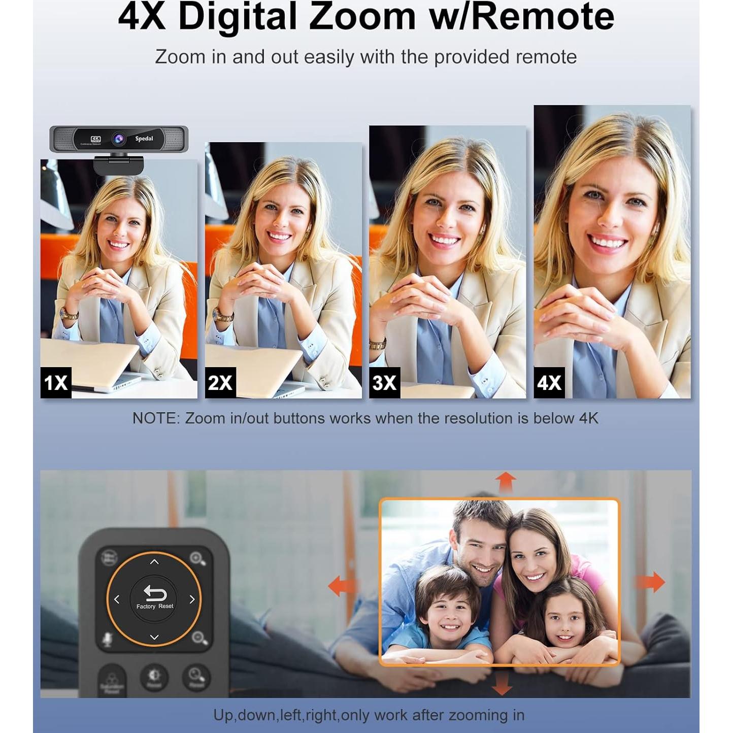 Cámara Web Spedal 4K UHD con Doble Micrófono y Control Remoto