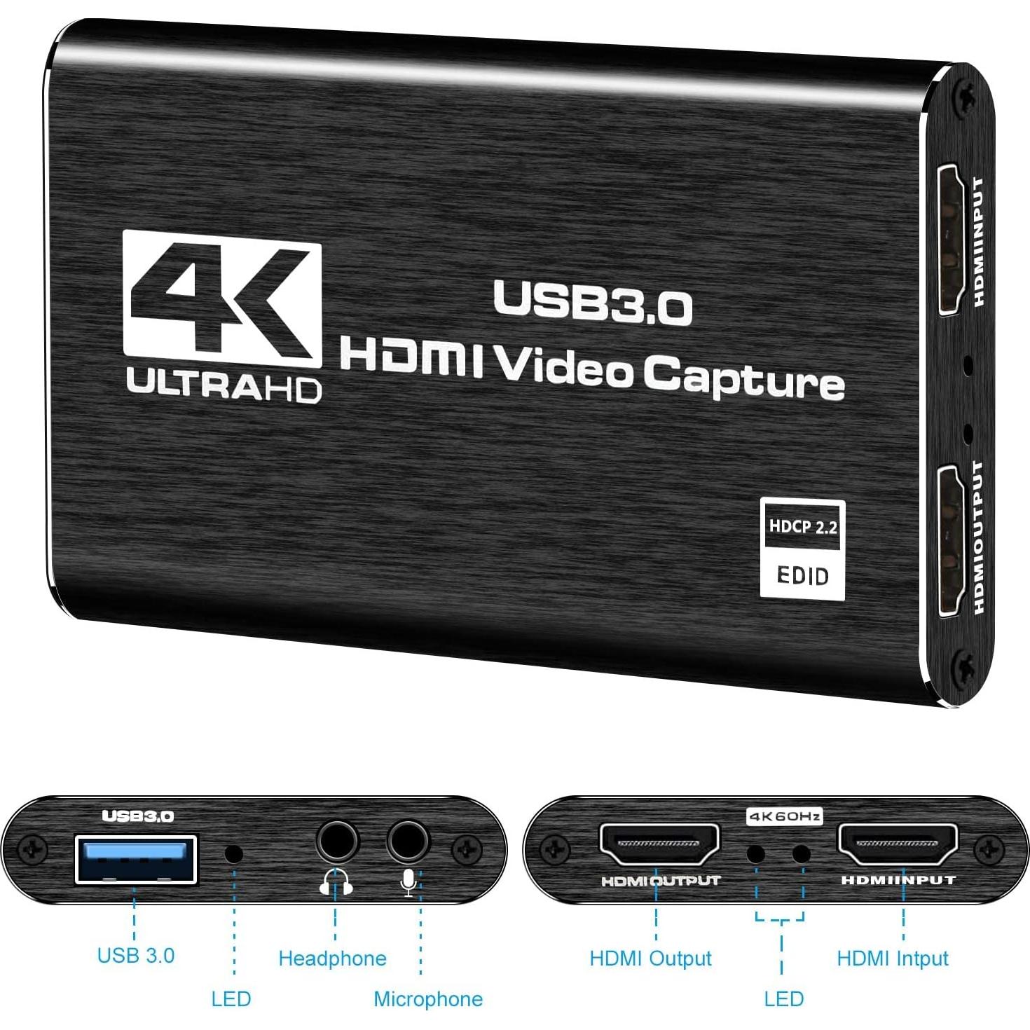 Capture Card, HDMI USB3.0 Capture Card Nintendo Switch, Video Capture Card 4K 1080P 60FPS, Game Capture Card for Live Streaming, Video Conference, Recording, Works with PS4/PS5/PC/OBS/DSLR