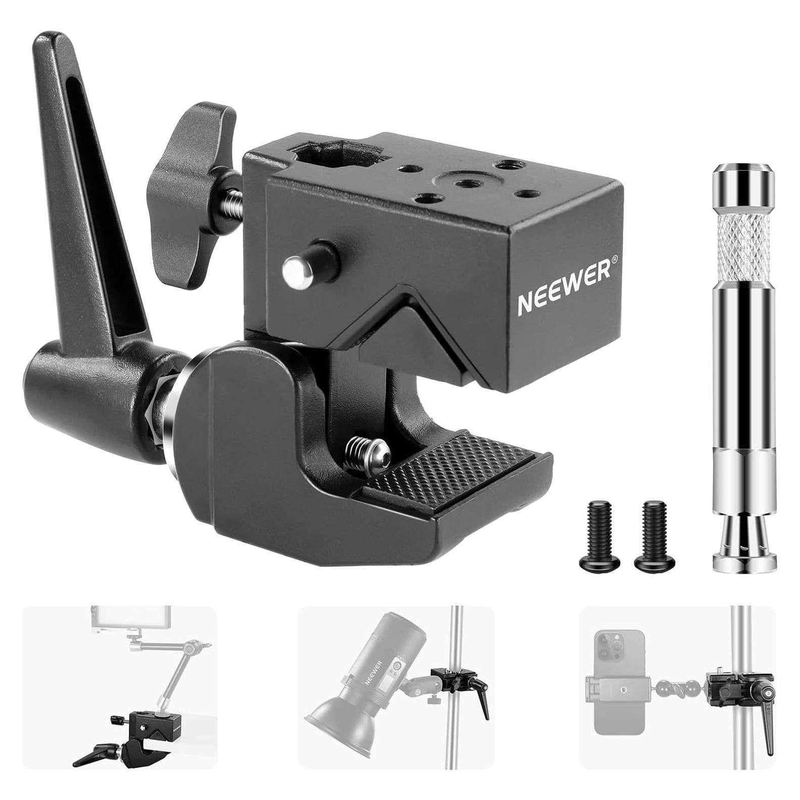 NEEWER Super Clamp with 5/8" Stud, Spring Lock, 2.4" Jaw Grip Heavy Duty Crab Pole Clamp for Round Pipe Flat Surface, for Photography Studio Camera Lighting Mounting, Max Load 33lb/15kg, UA017