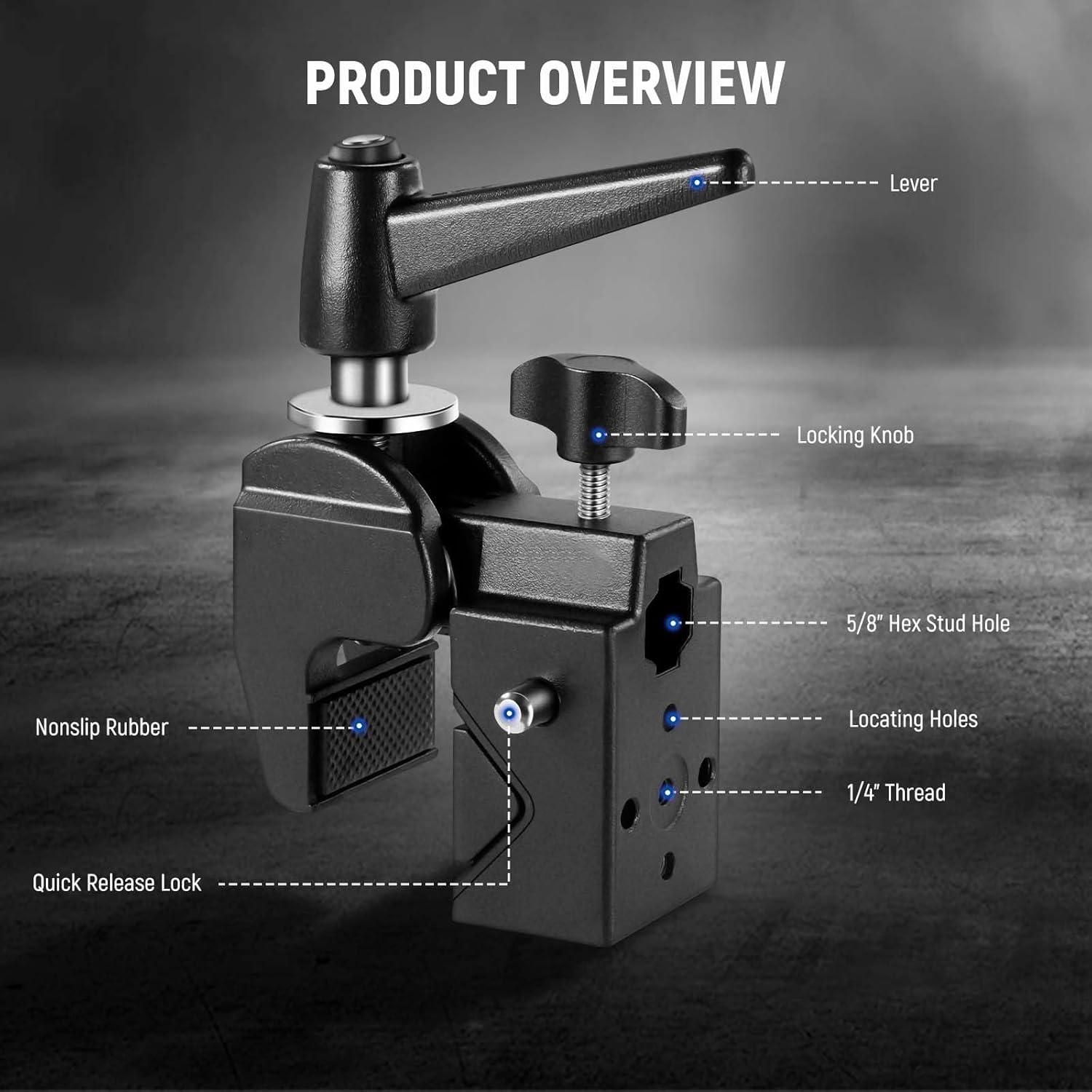 NEEWER Super Clamp with 5/8" Stud, Spring Lock, 2.4" Jaw Grip Heavy Duty Crab Pole Clamp for Round Pipe Flat Surface, for Photography Studio Camera Lighting Mounting, Max Load 33lb/15kg, UA017