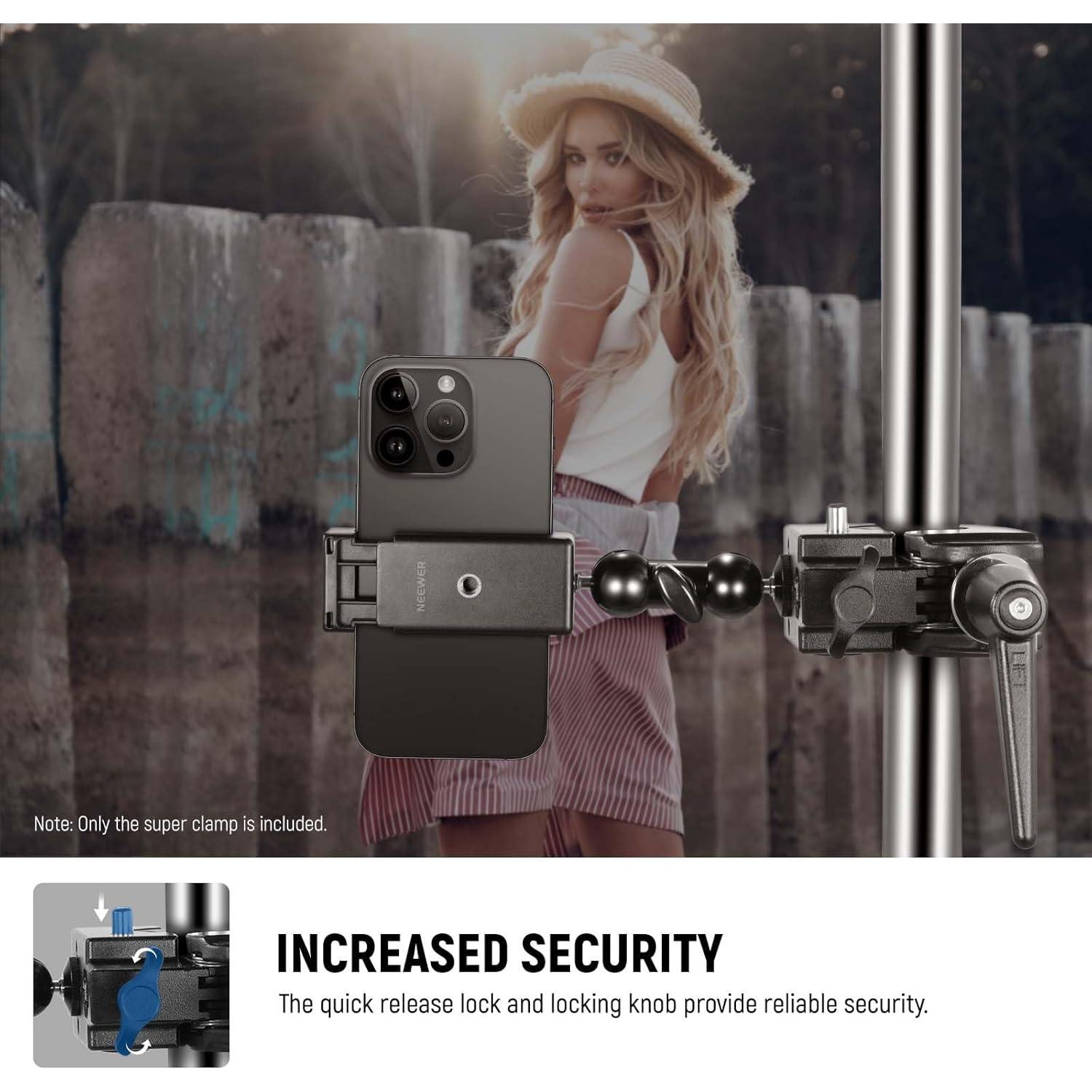 NEEWER Super Clamp with 5/8" Stud, Spring Lock, 2.4" Jaw Grip Heavy Duty Crab Pole Clamp for Round Pipe Flat Surface, for Photography Studio Camera Lighting Mounting, Max Load 33lb/15kg, UA017