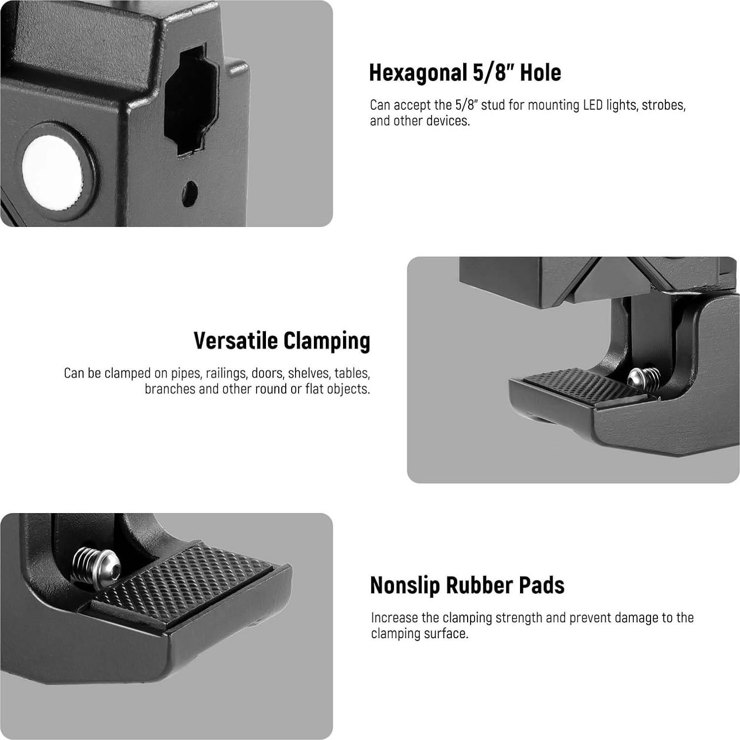 NEEWER Super Clamp with 5/8" Stud, Spring Lock, 2.4" Jaw Grip Heavy Duty Crab Pole Clamp for Round Pipe Flat Surface, for Photography Studio Camera Lighting Mounting, Max Load 33lb/15kg, UA017