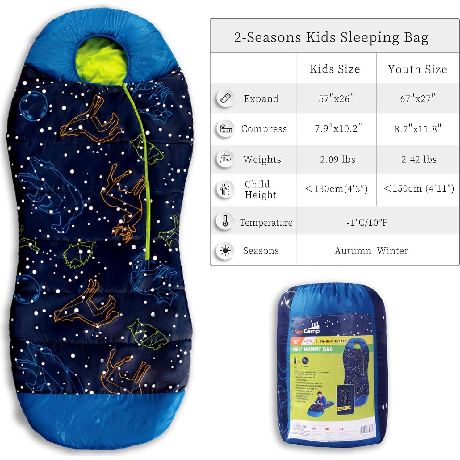 Saco de dormir mumia AceCamp azul para niños - 0°C, impermeable