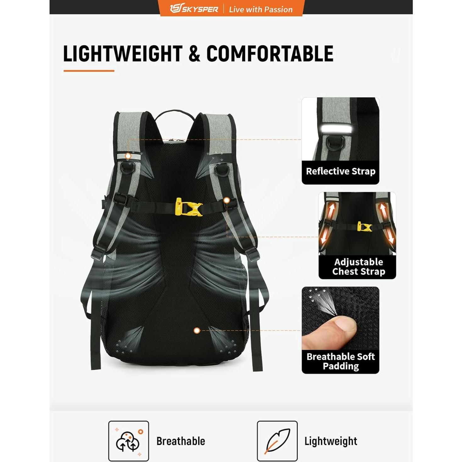 Mochila de Senderismo SKYSPER 30L Gris - Ligera y Ergonómica