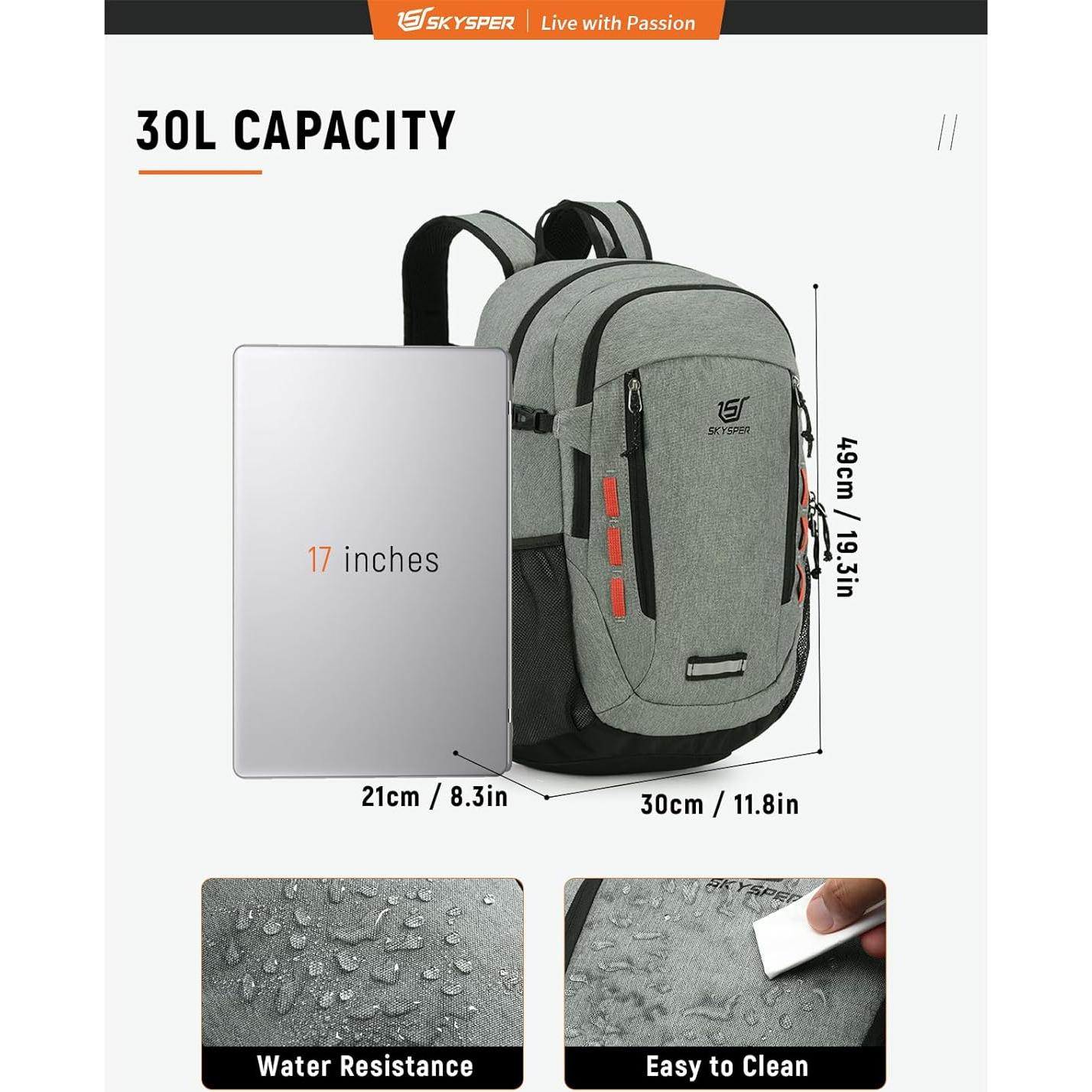 Mochila de Senderismo SKYSPER 30L Gris - Ligera y Ergonómica