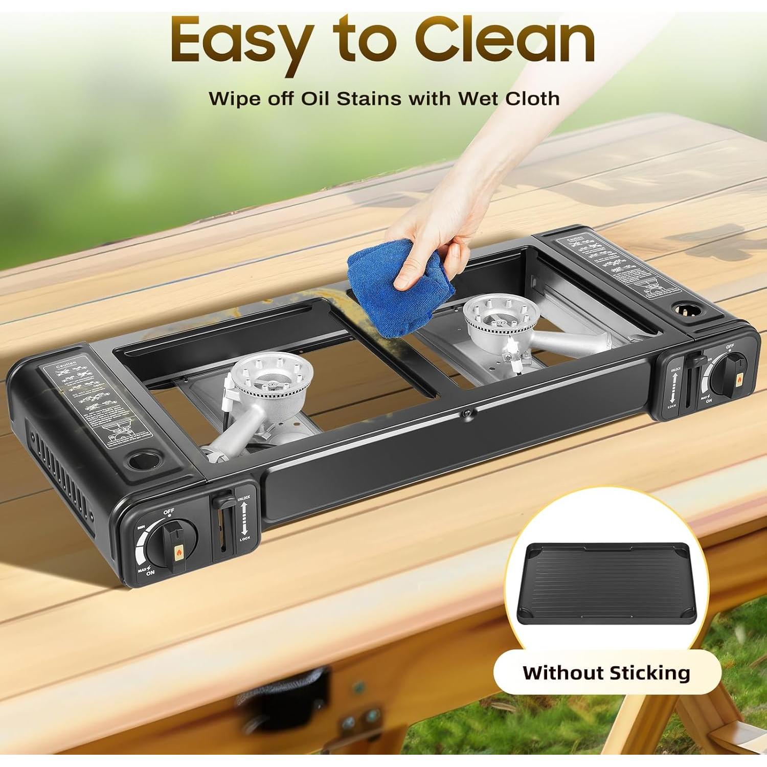 2-Burner Portable Camping Stove, Butane Camping Stove, Outdoor Travel Camp Stove for Camping, BBQ, Home (with Grill Tray)