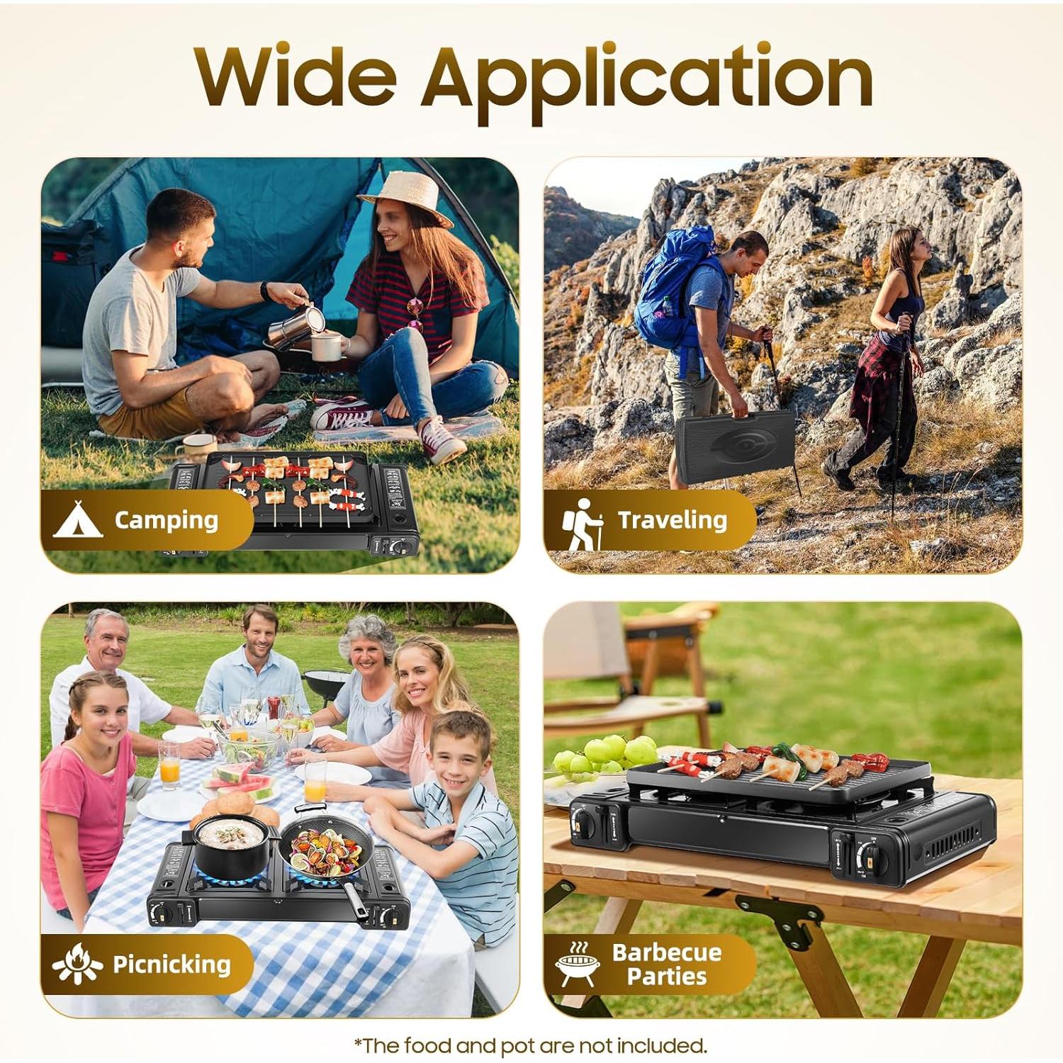 2-Burner Portable Camping Stove, Butane Camping Stove, Outdoor Travel Camp Stove for Camping, BBQ, Home (with Grill Tray)