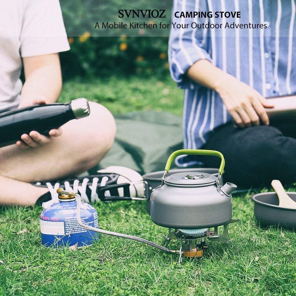 SVNVIOZ Camping Stove Windproof Backpacking Stove with Piezo Ignition, Plastic Storage Box, 2 Types Fuel Canister Adapters, Camping Gear Portable Stove for Outdoor Camping Hiking Cooking