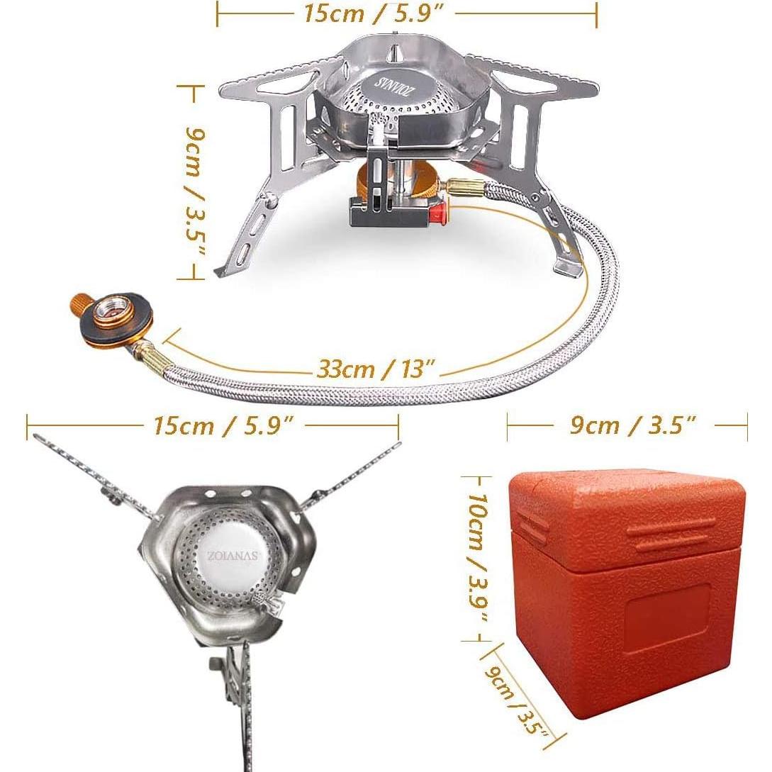 SVNVIOZ Camping Stove Windproof Backpacking Stove with Piezo Ignition, Plastic Storage Box, 2 Types Fuel Canister Adapters, Camping Gear Portable Stove for Outdoor Camping Hiking Cooking
