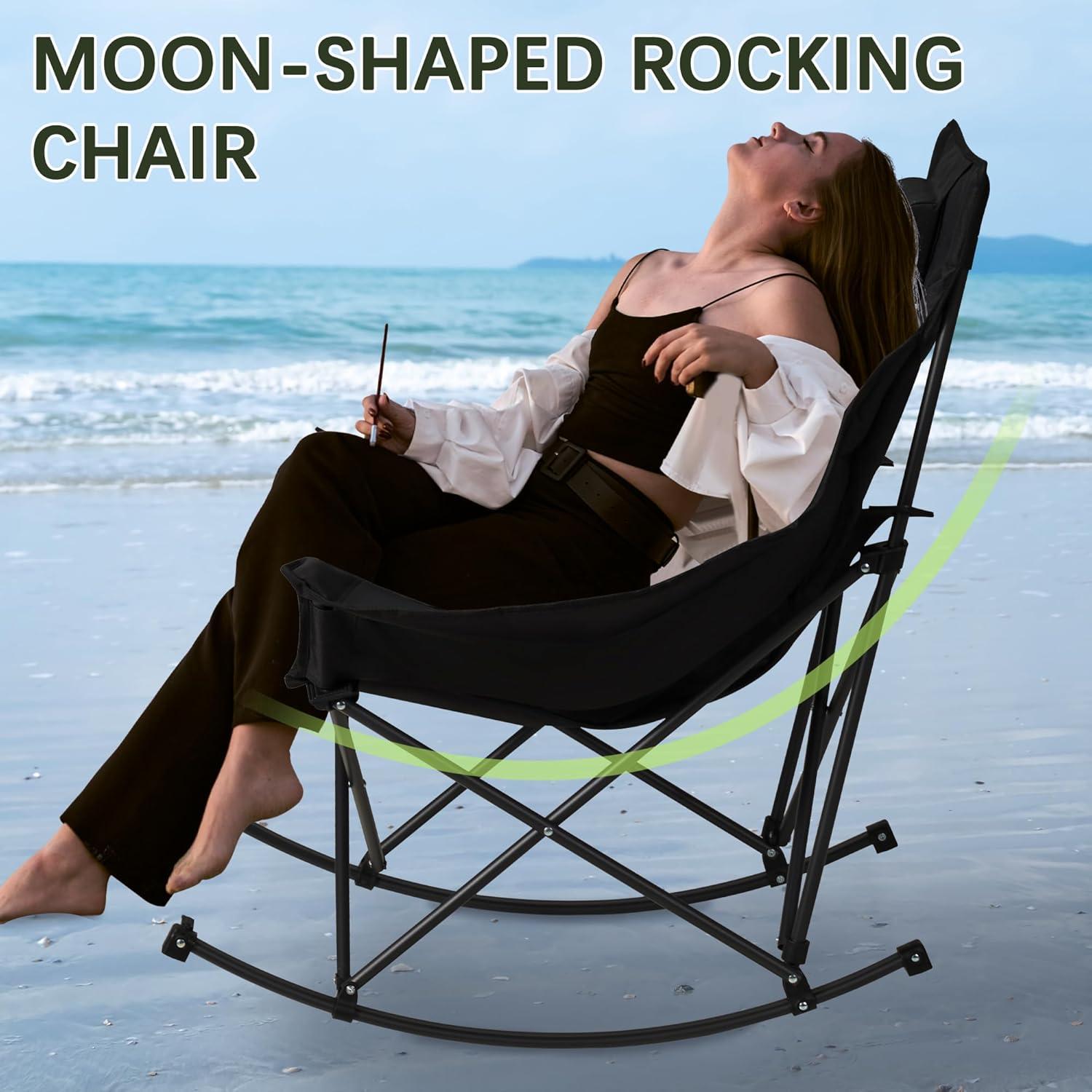 Oversized Rocking Camping Chair with Headrest & Cup Holder - 400lbs Capacity, 600D Oxford Fabric, Easy Fold Portable Outdoor Rocker Chair for Camping, Backyard, Beach, Deep Gray